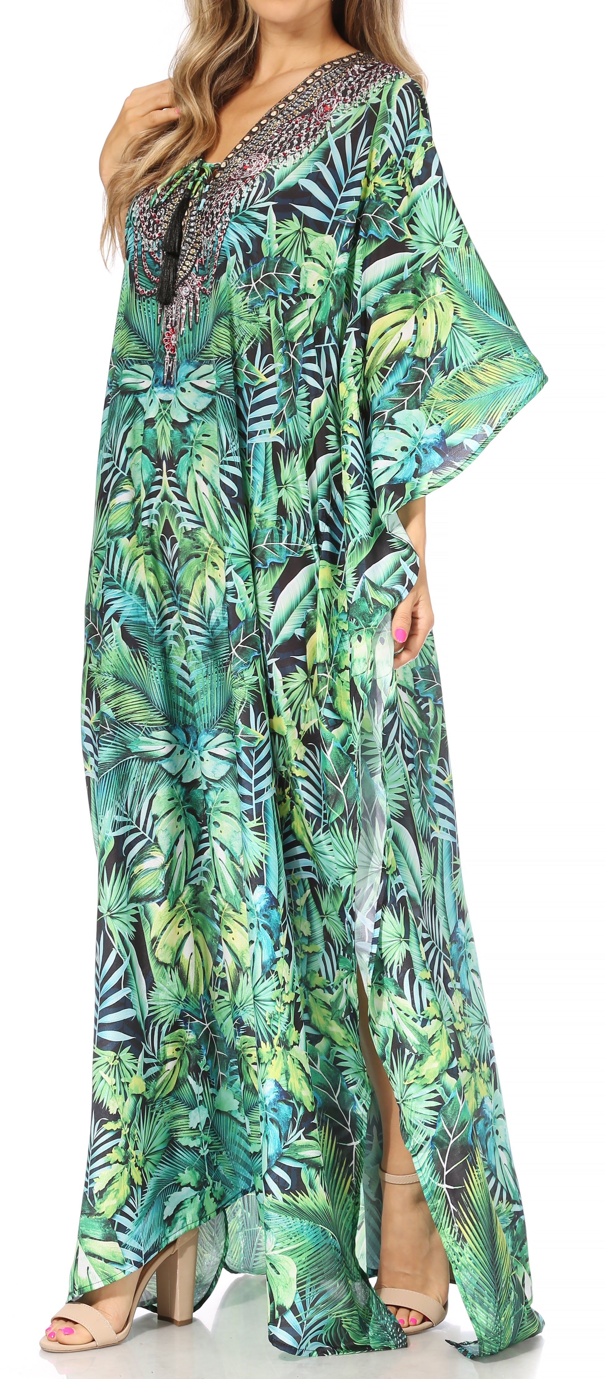 Sakkas Georgettina Flowy Rhinestone V Neck Long Caftan