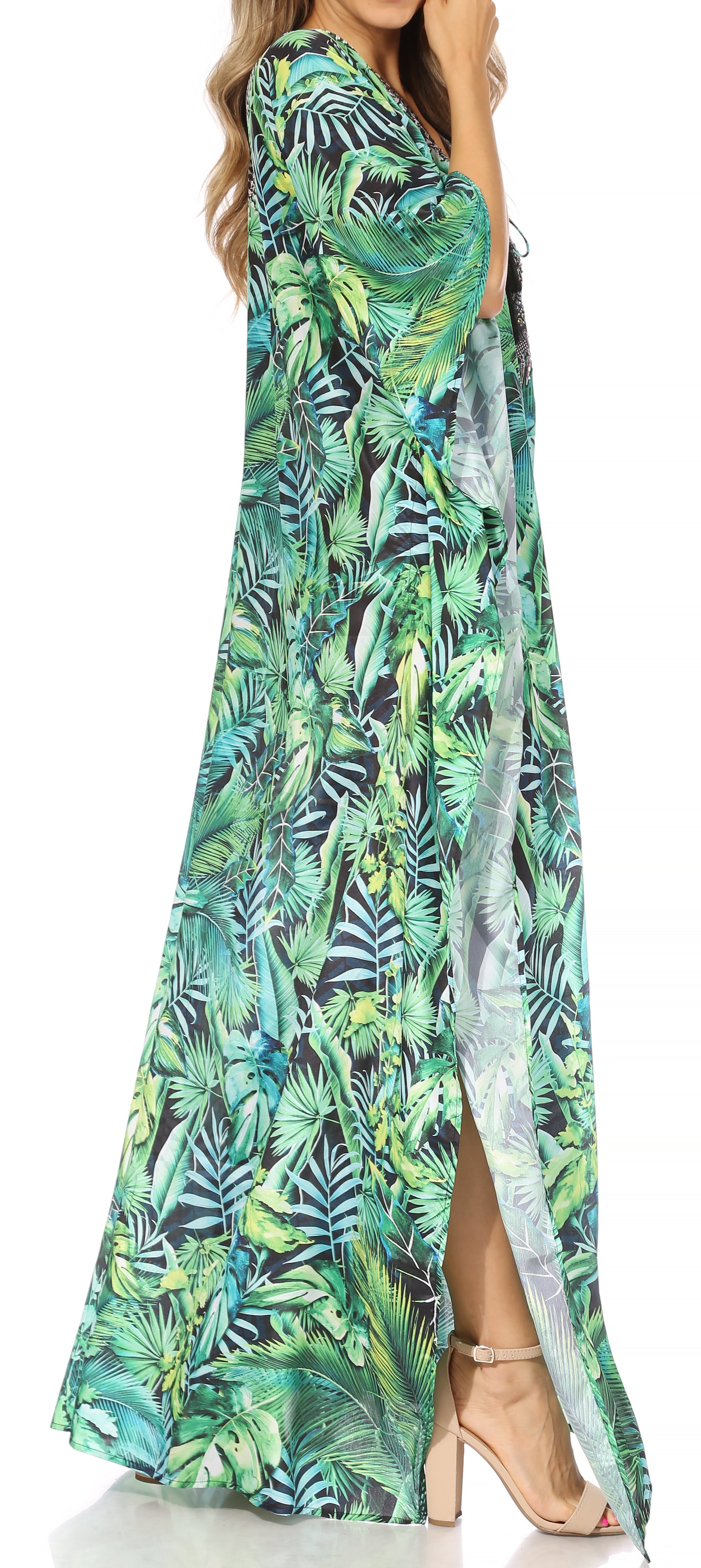 Sakkas Georgettina Flowy Rhinestone V Neck Long Caftan