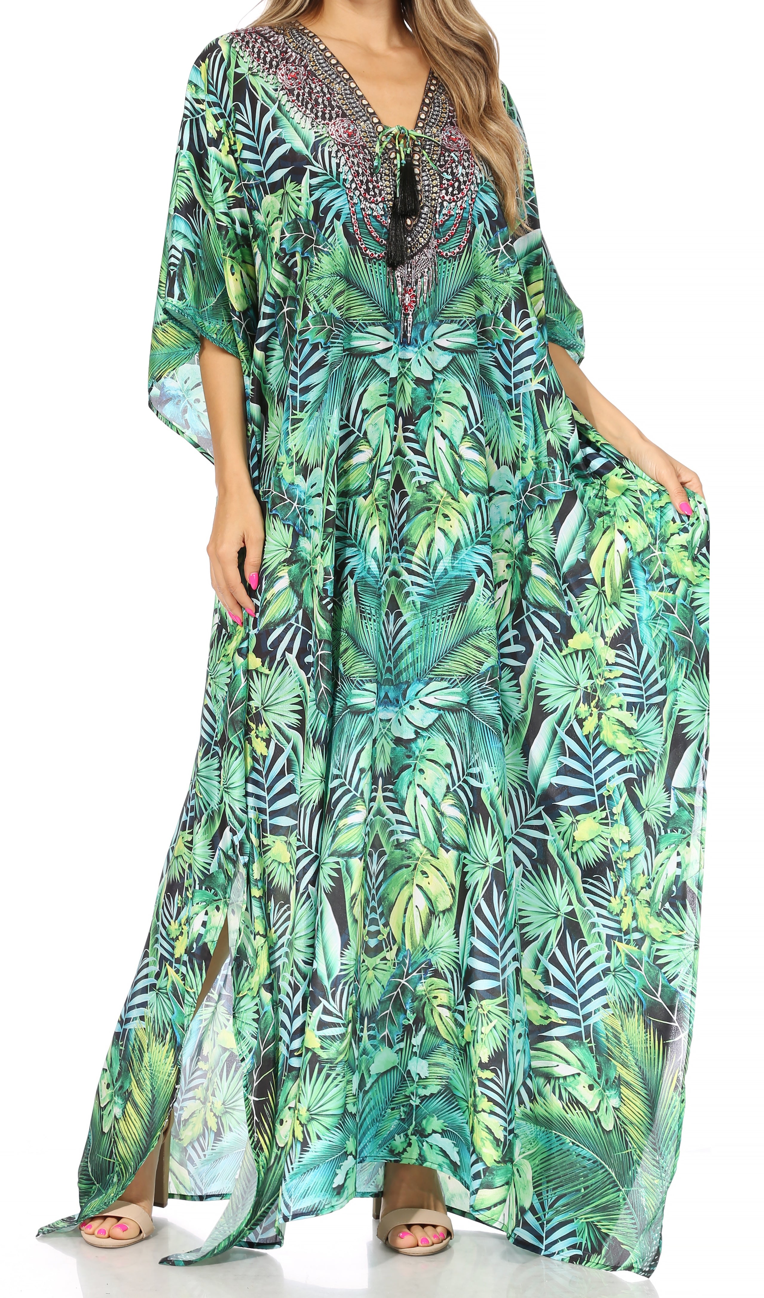 Sakkas Georgettina Flowy Rhinestone V Neck Long Caftan