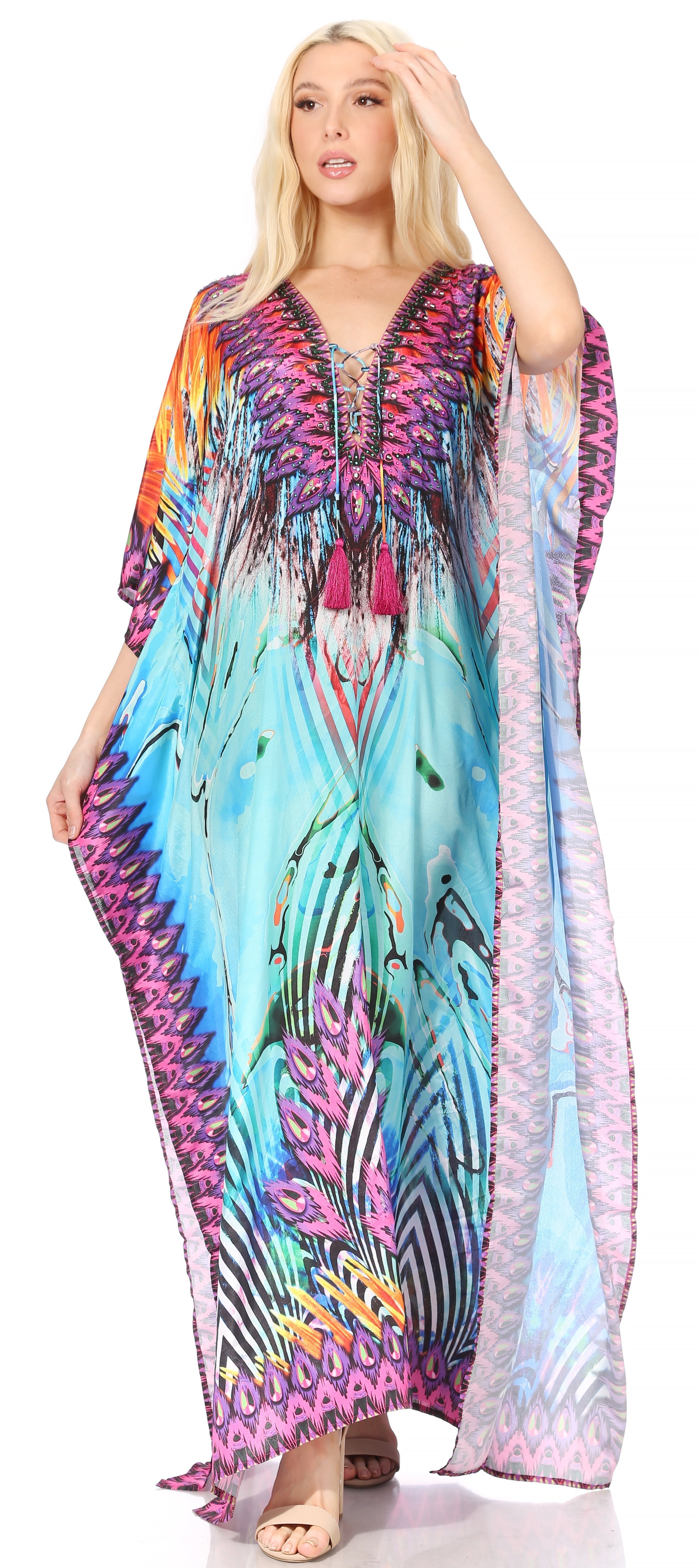 Sakkas Georgettina Flowy Rhinestone V Neck Long Caftan
