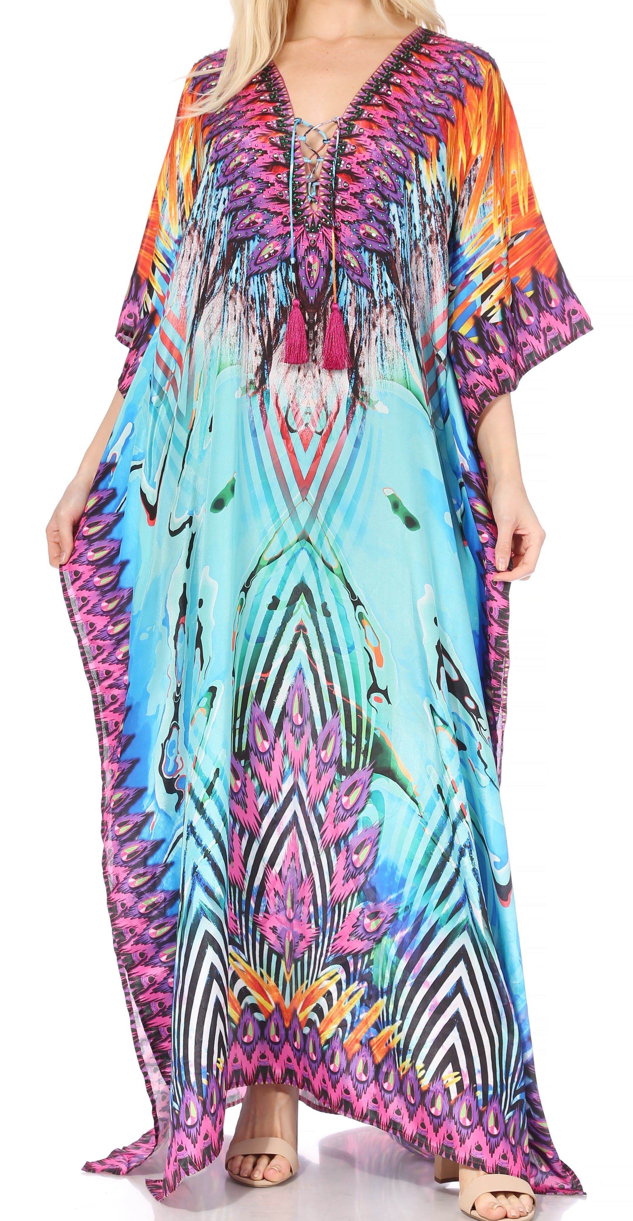 Sakkas Georgettina Flowy Rhinestone V Neck Long Caftan