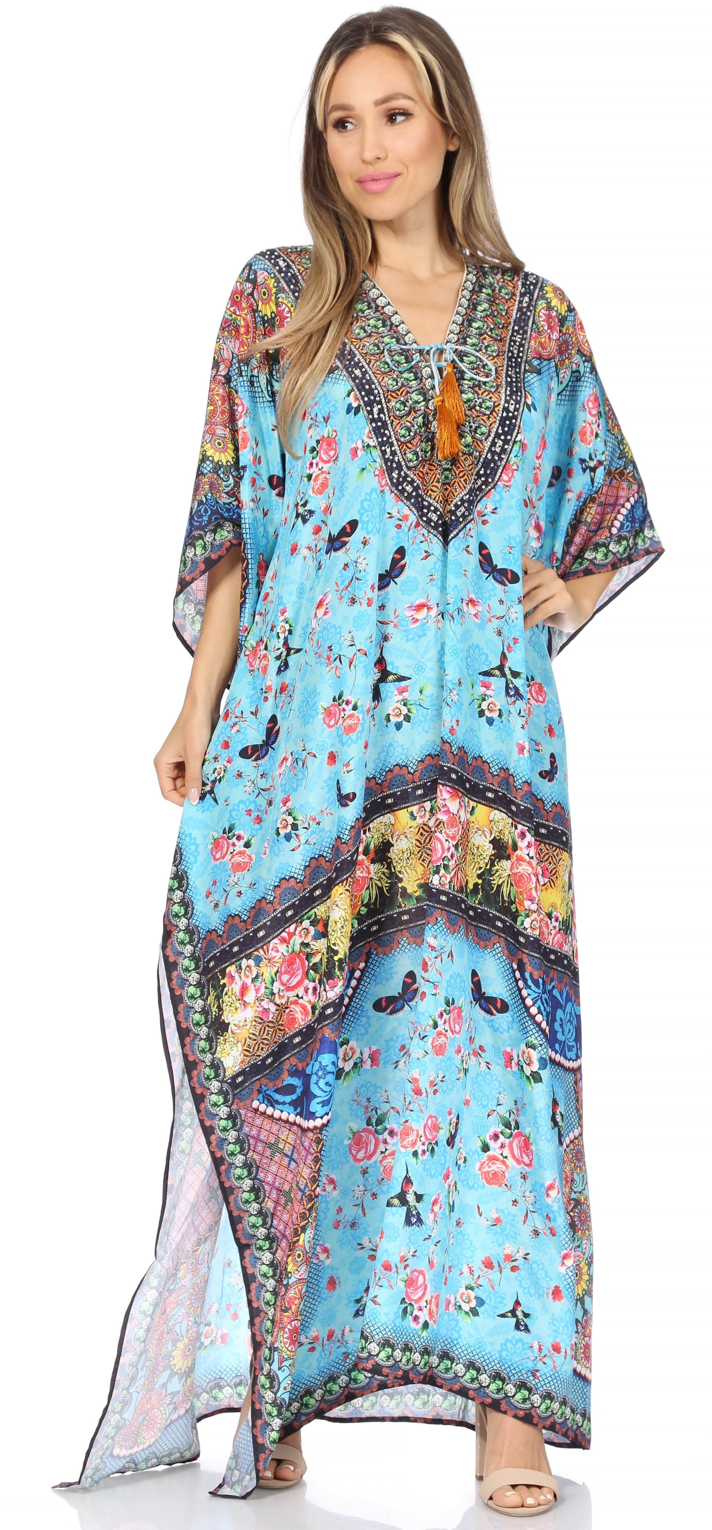 Sakkas Georgettina Flowy Rhinestone V Neck Long Caftan