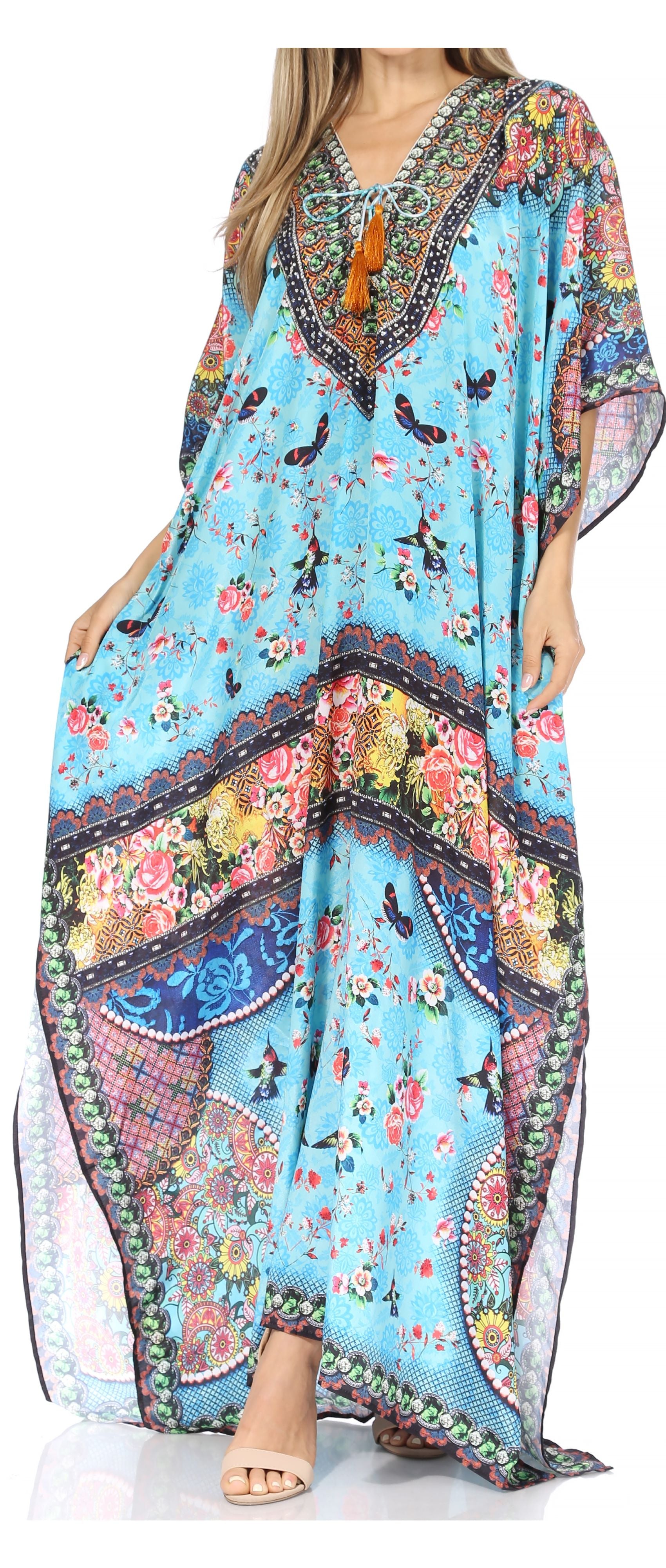 Sakkas Georgettina Flowy Rhinestone V Neck Long Caftan