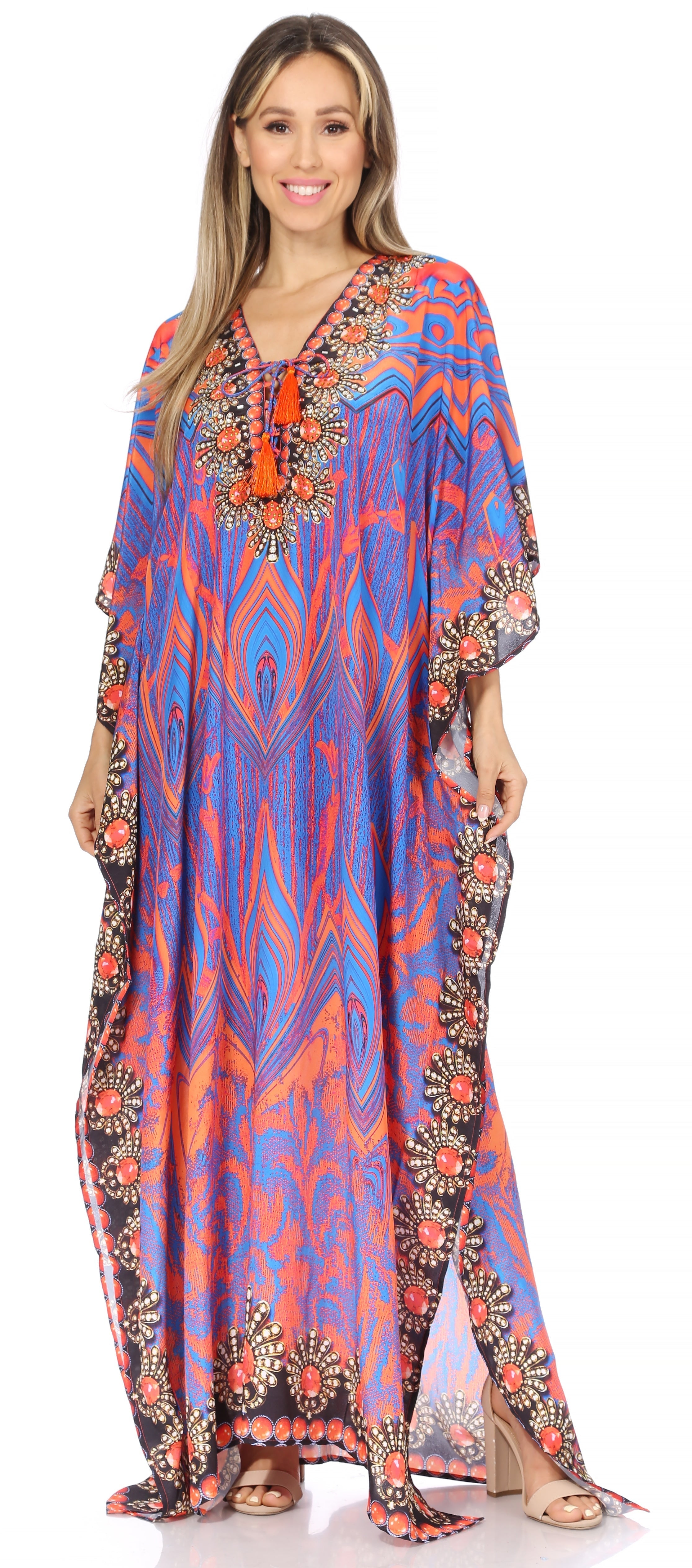 Sakkas Georgettina Flowy Rhinestone V Neck Long Caftan
