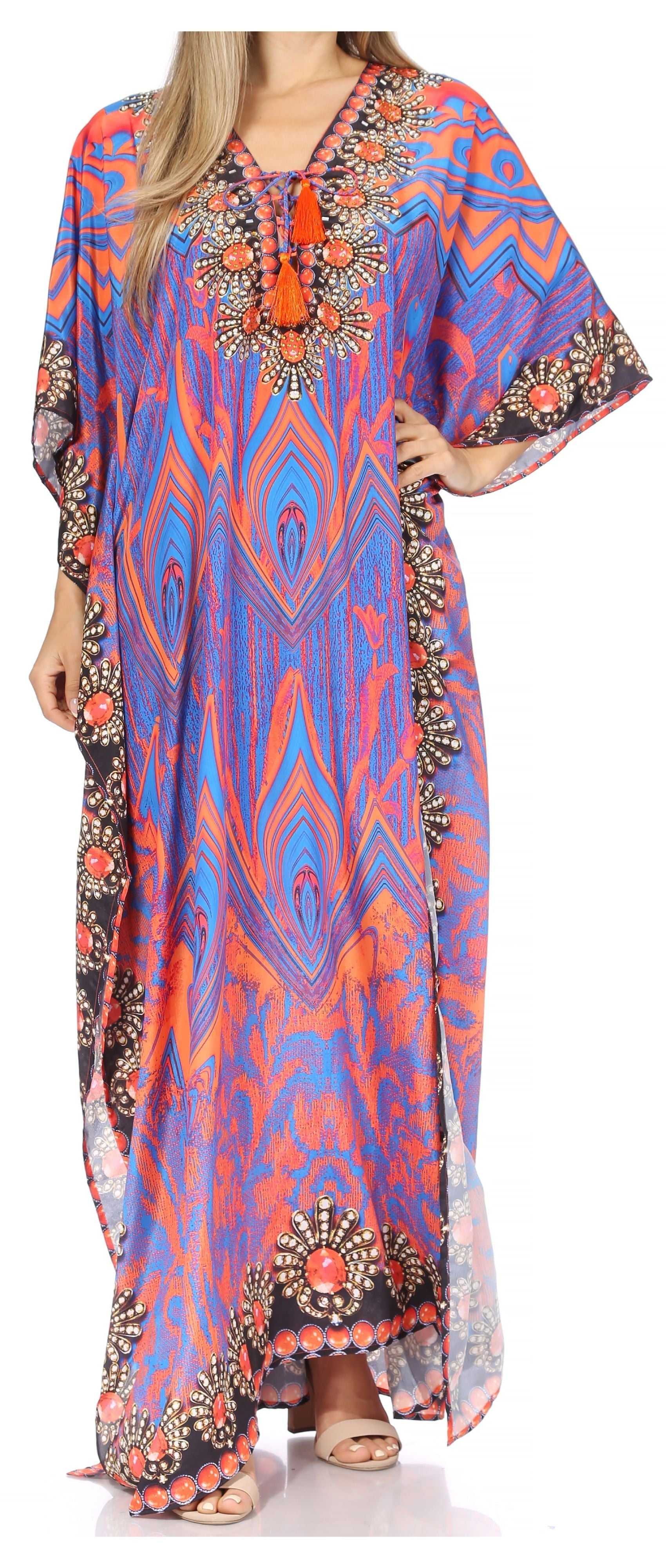 Sakkas Georgettina Flowy Rhinestone V Neck Long Caftan