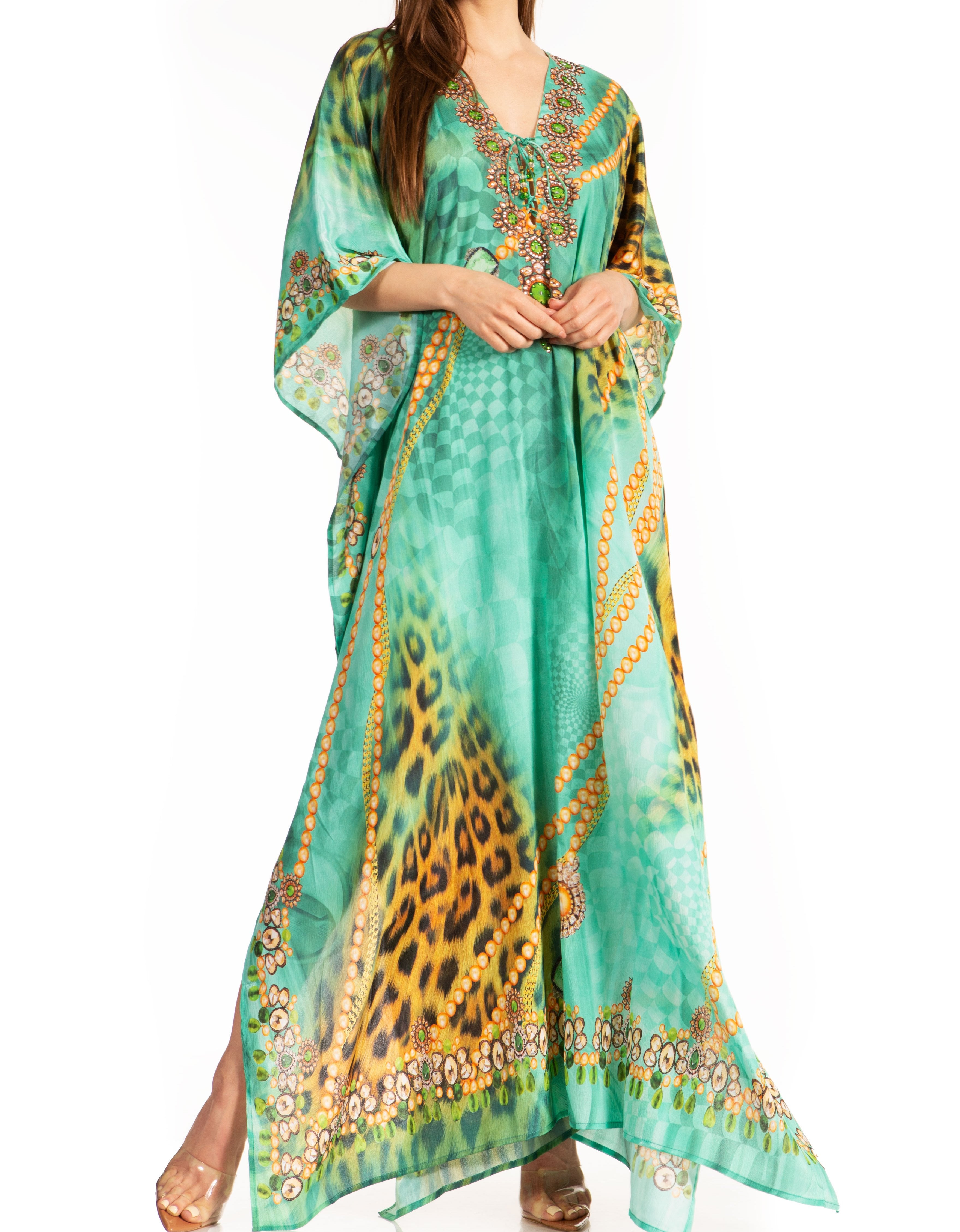 Sakkas Georgettina Flowy Rhinestone V Neck Long Caftan