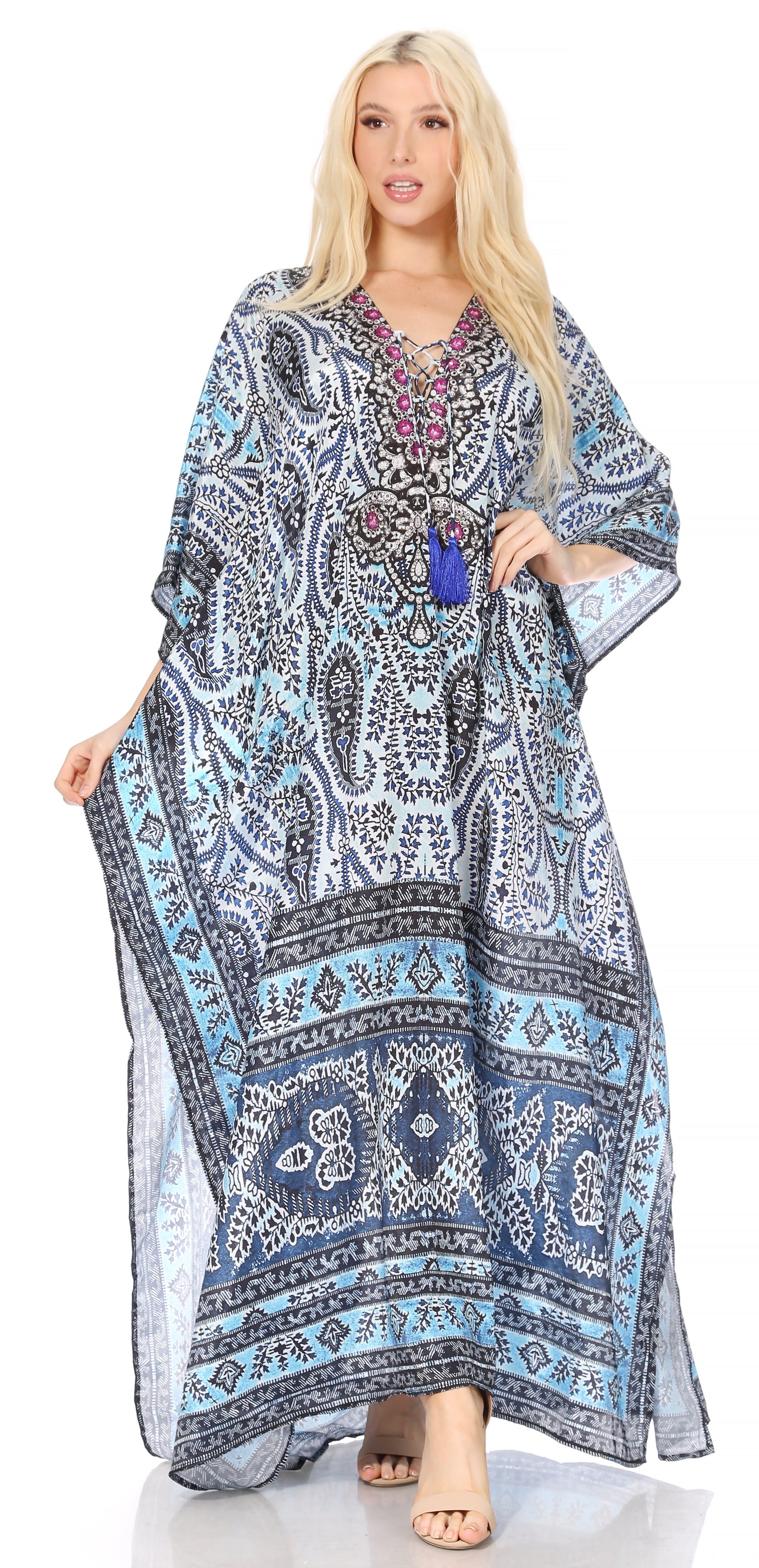 Sakkas Georgettina Flowy Rhinestone V Neck Long Caftan