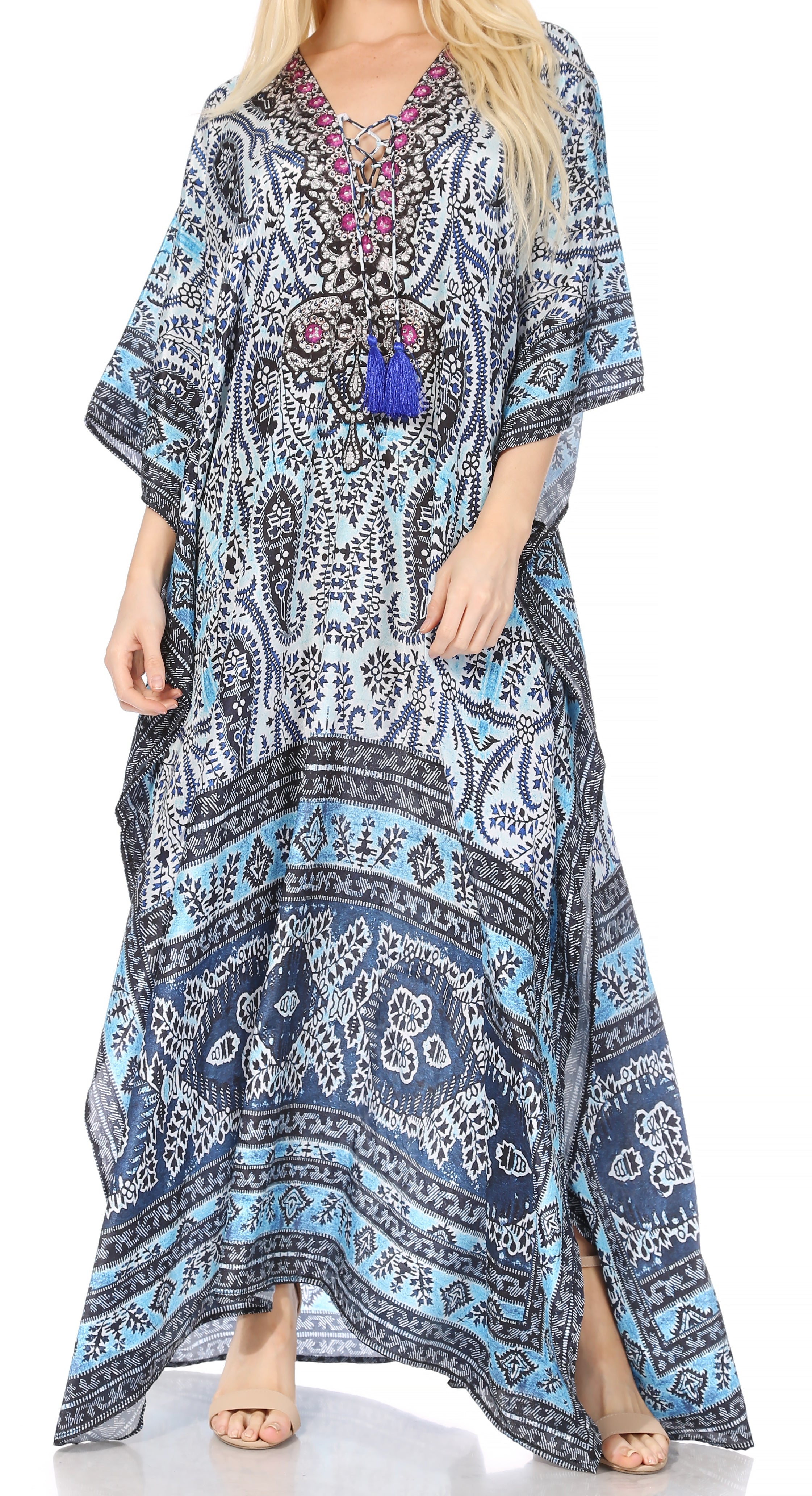 Sakkas Georgettina Flowy Rhinestone V Neck Long Caftan
