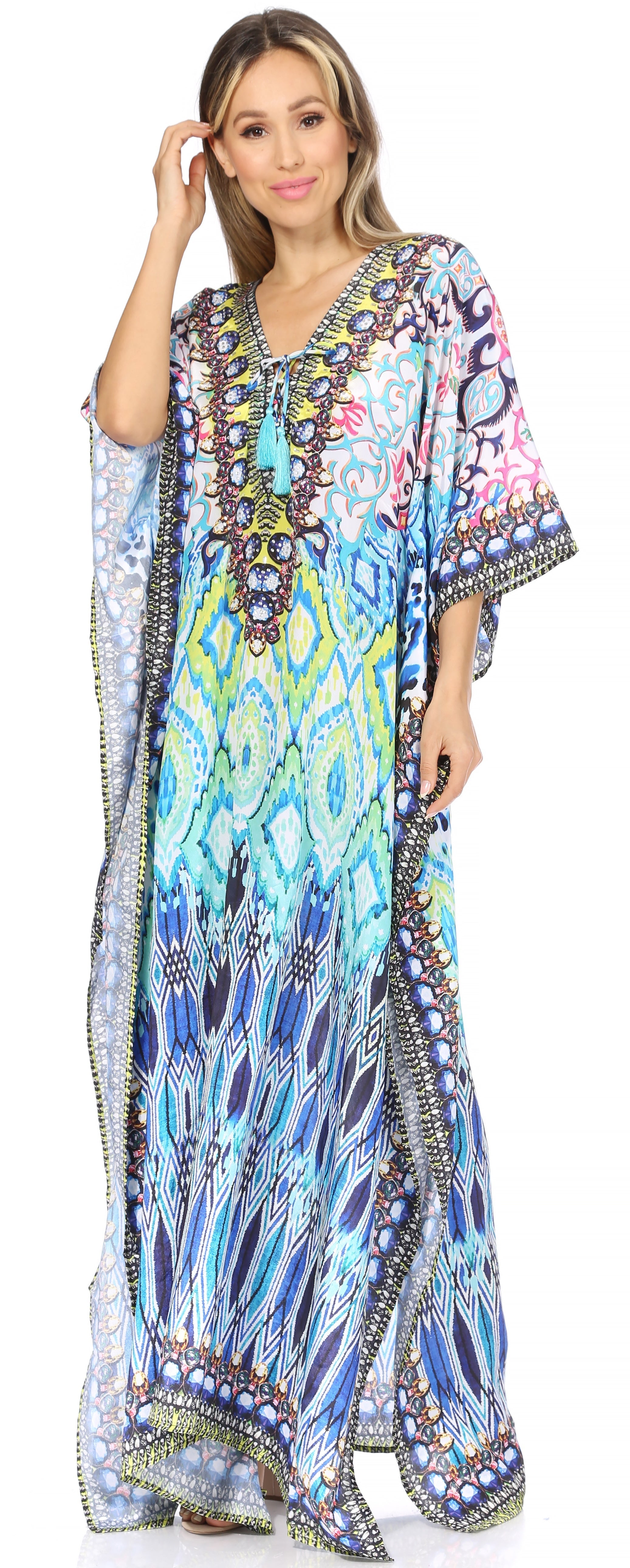 Sakkas Georgettina Flowy Rhinestone V Neck Long Caftan