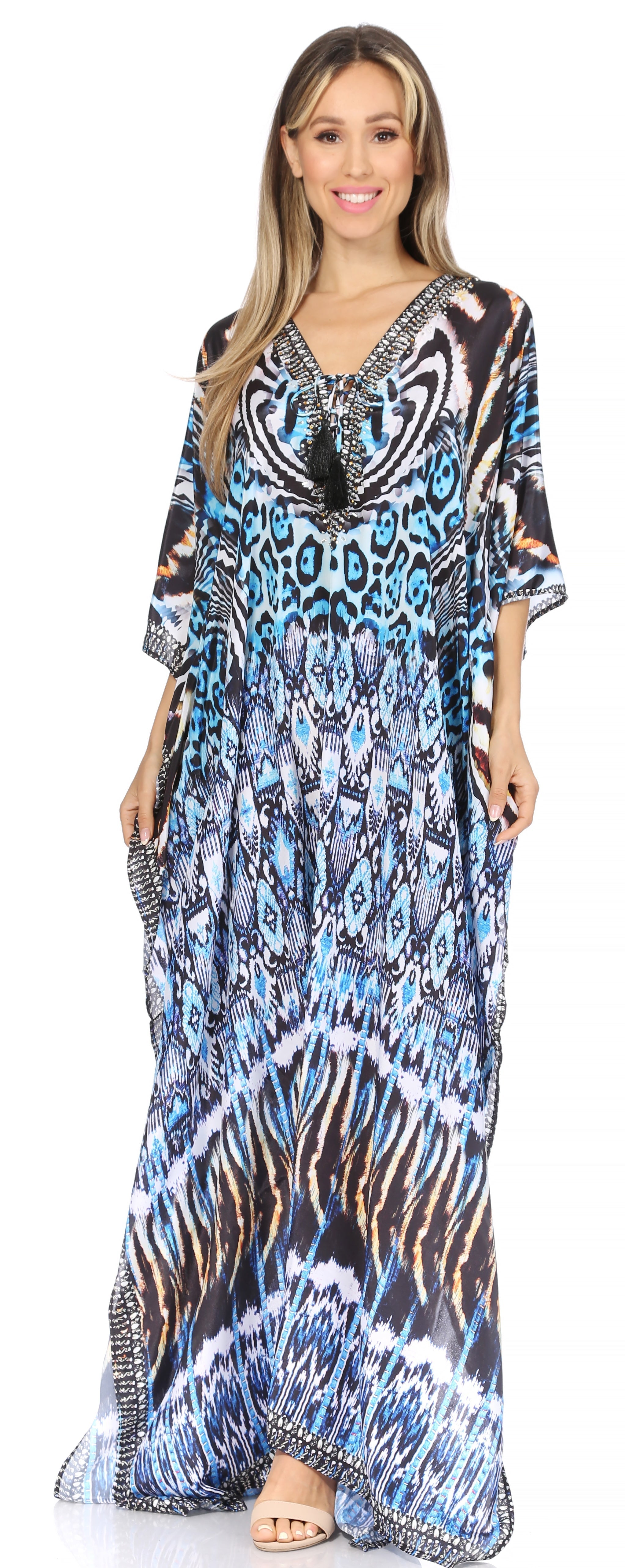 Sakkas Georgettina Flowy Rhinestone V Neck Long Caftan