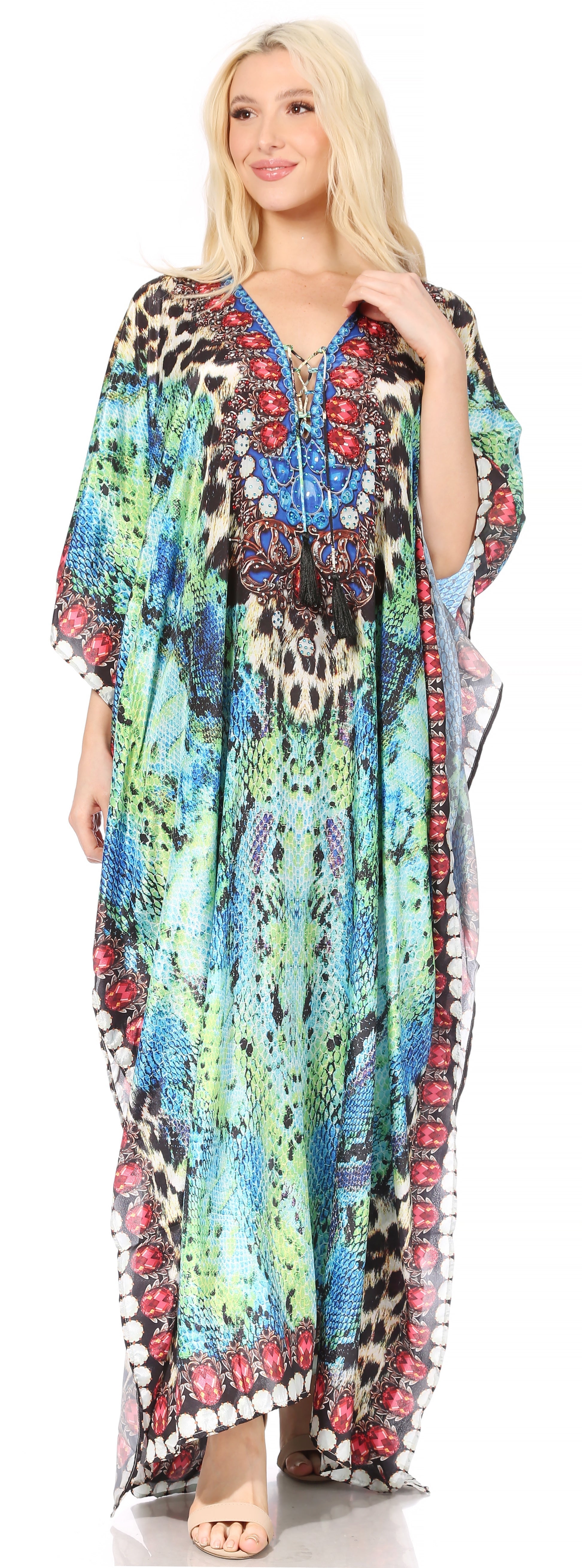 Sakkas Georgettina Flowy Rhinestone V Neck Long Caftan