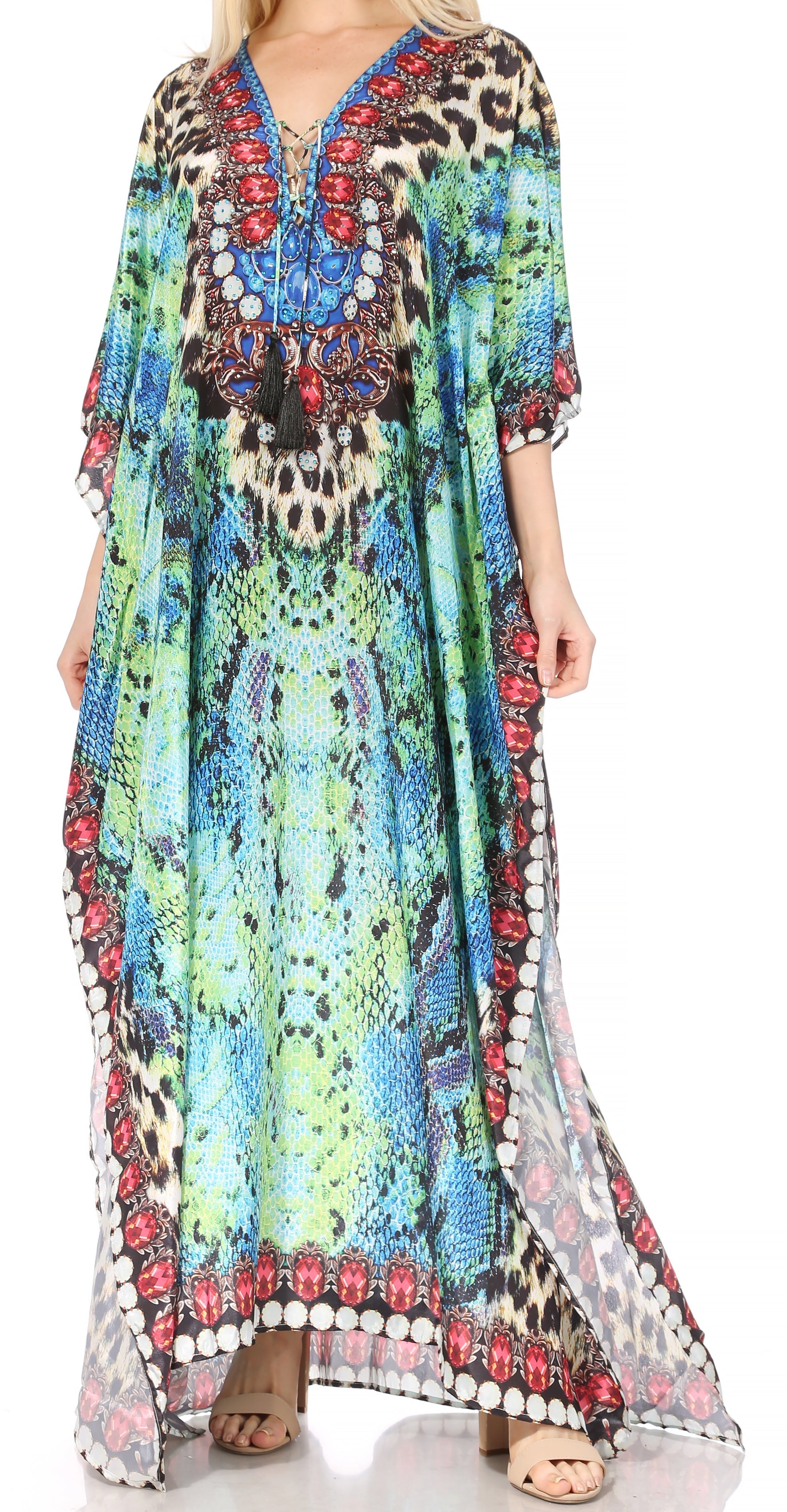 Sakkas Georgettina Flowy Rhinestone V Neck Long Caftan