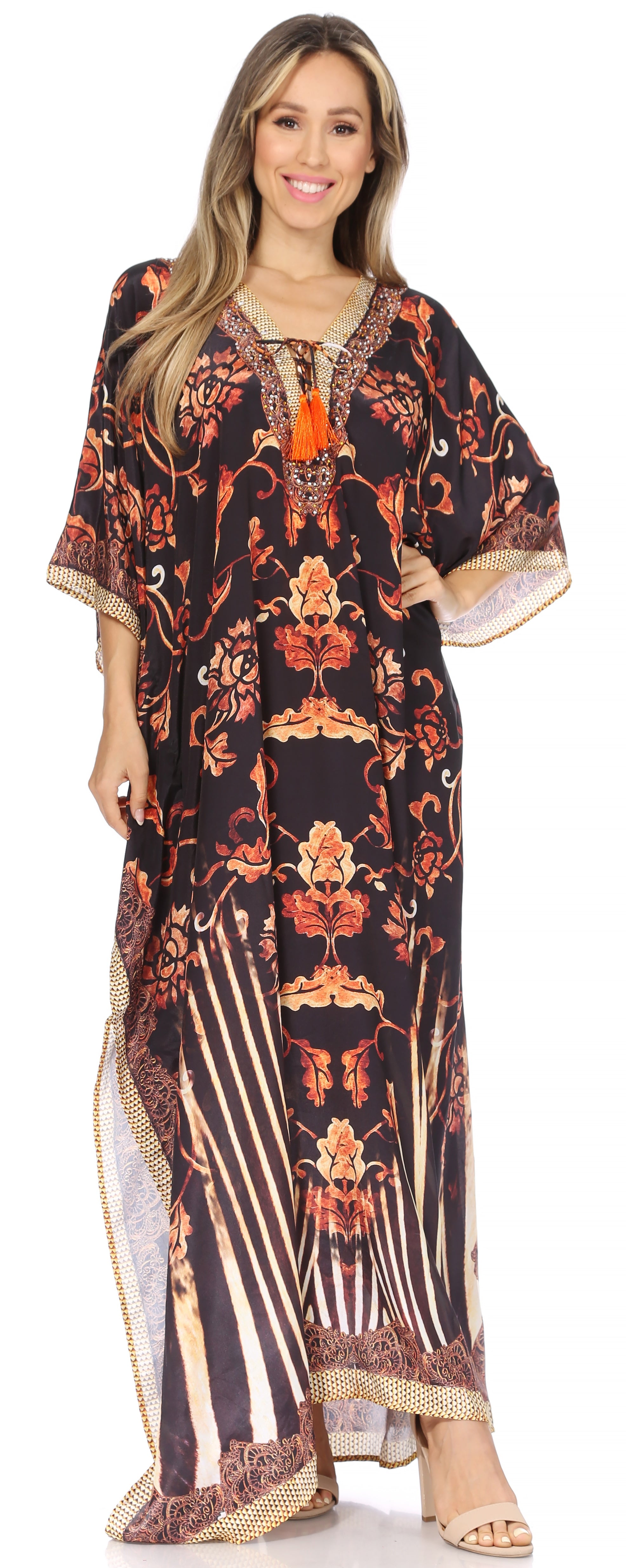 Sakkas Georgettina Flowy Rhinestone V Neck Long Caftan