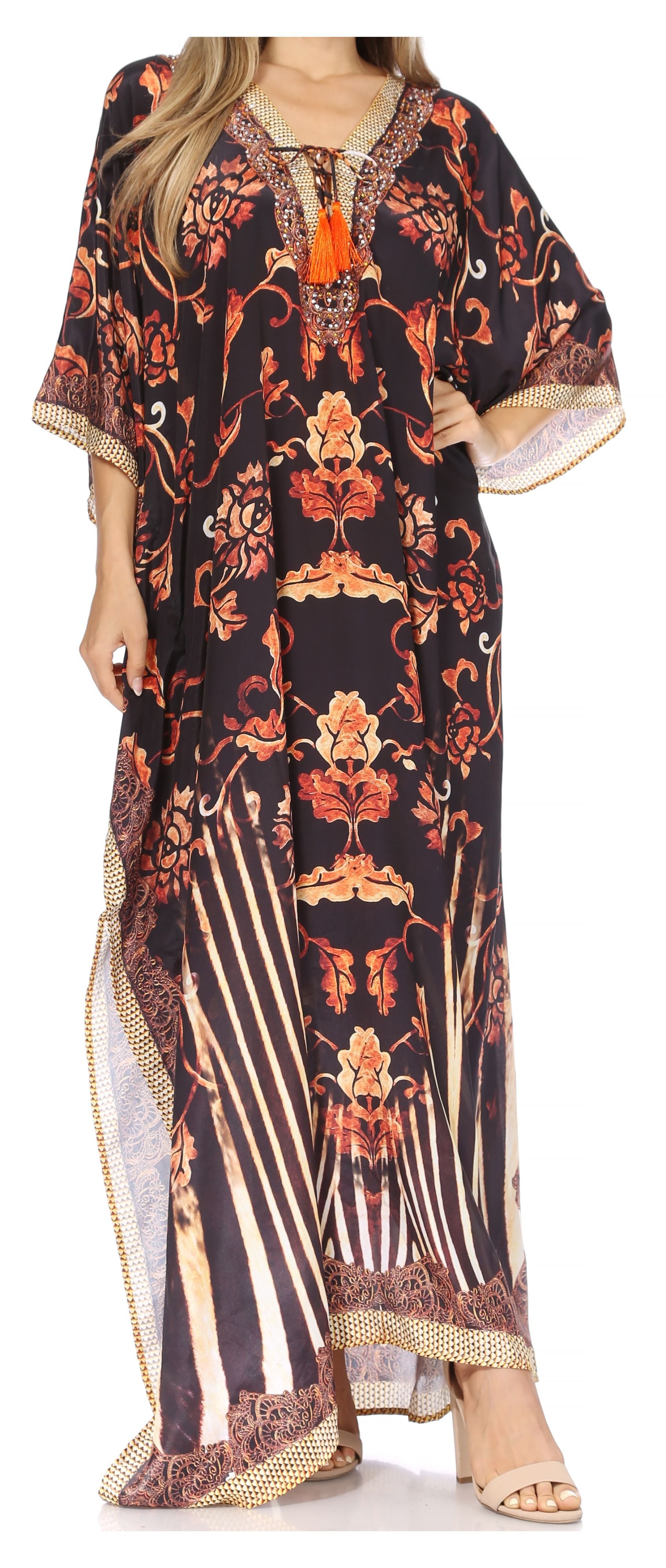 Sakkas Georgettina Flowy Rhinestone V Neck Long Caftan