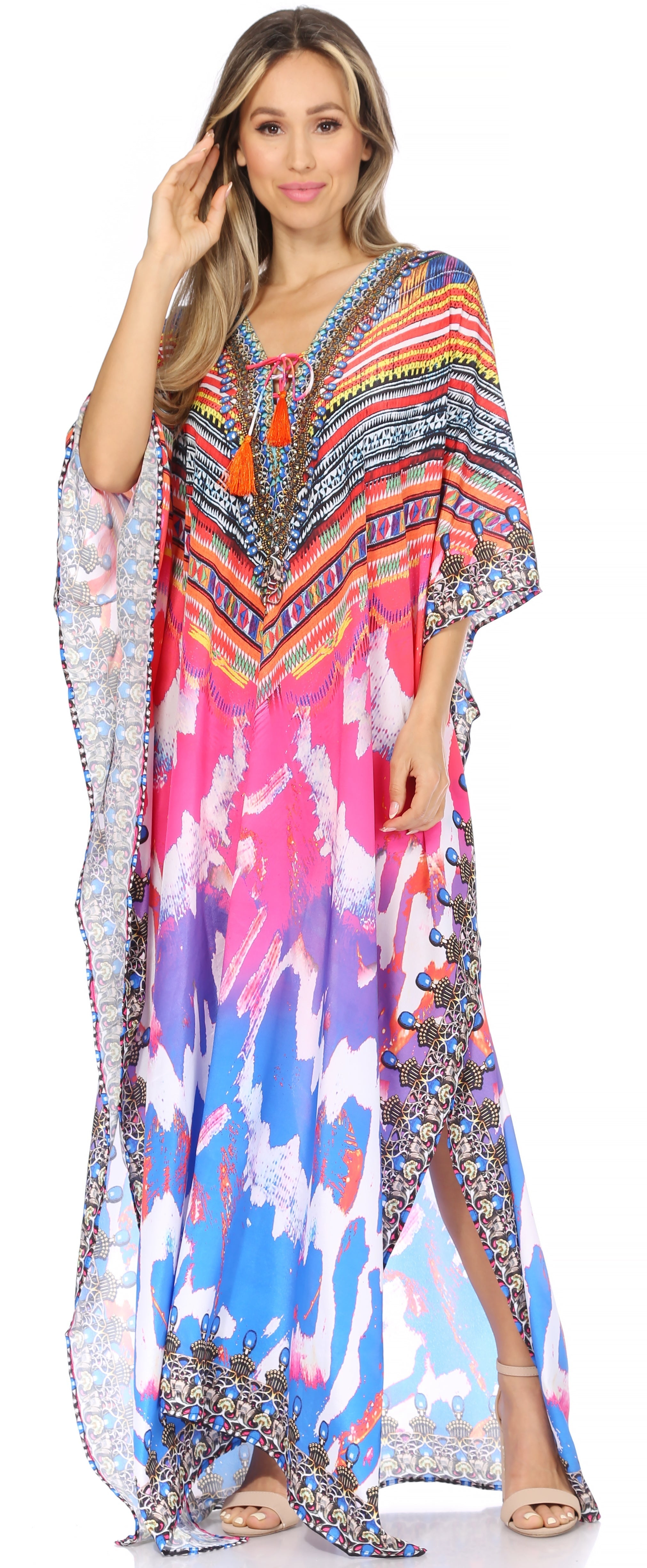 Sakkas Georgettina Flowy Rhinestone V Neck Long Caftan