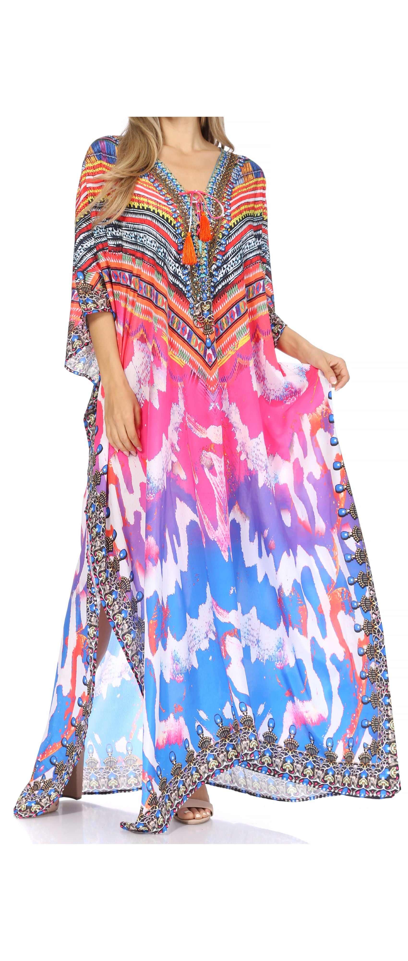 Sakkas Georgettina Flowy Rhinestone V Neck Long Caftan