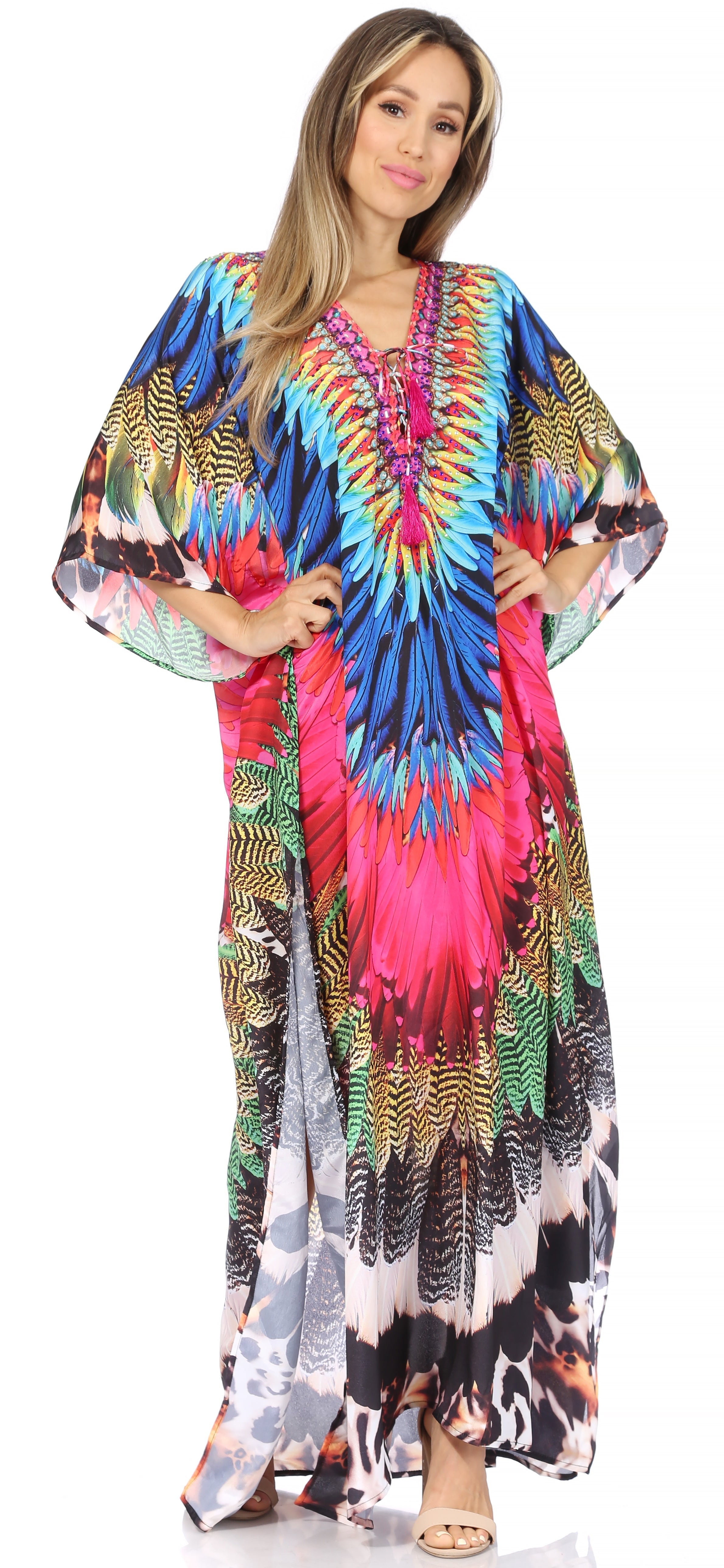 Sakkas Georgettina Flowy Rhinestone V Neck Long Caftan