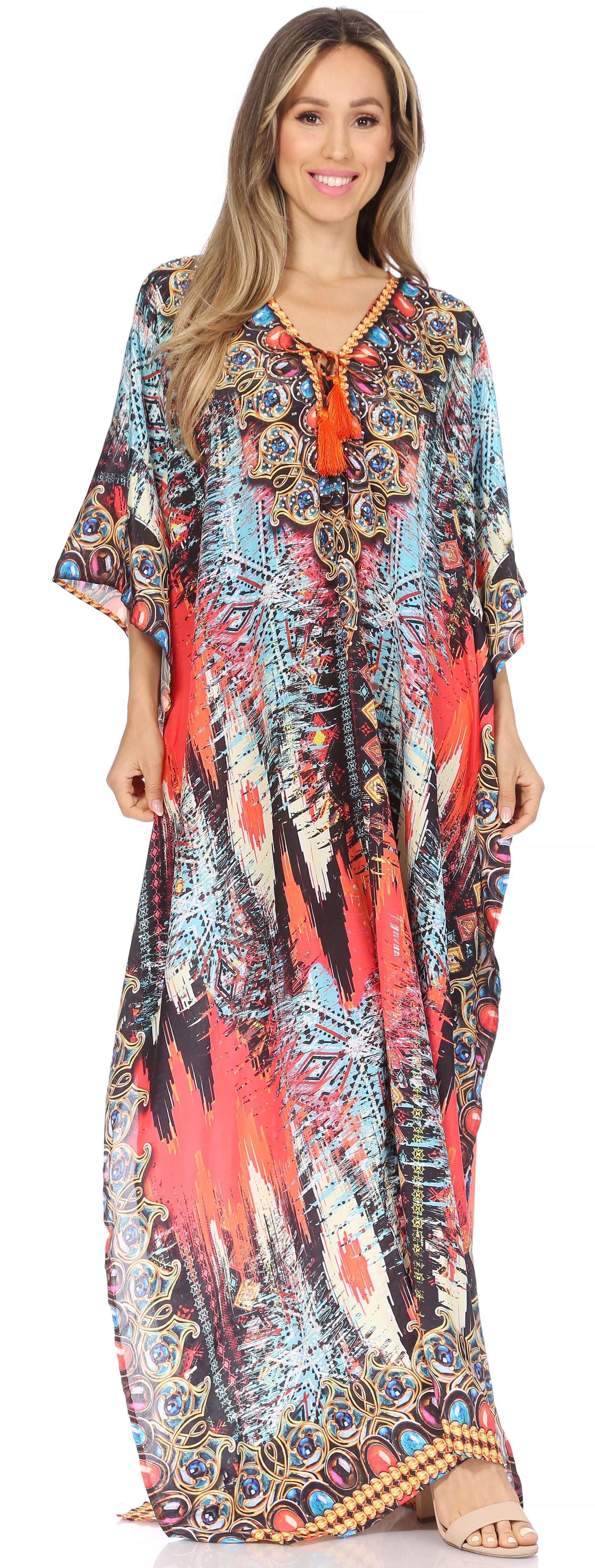Sakkas Georgettina Flowy Rhinestone V Neck Long Caftan