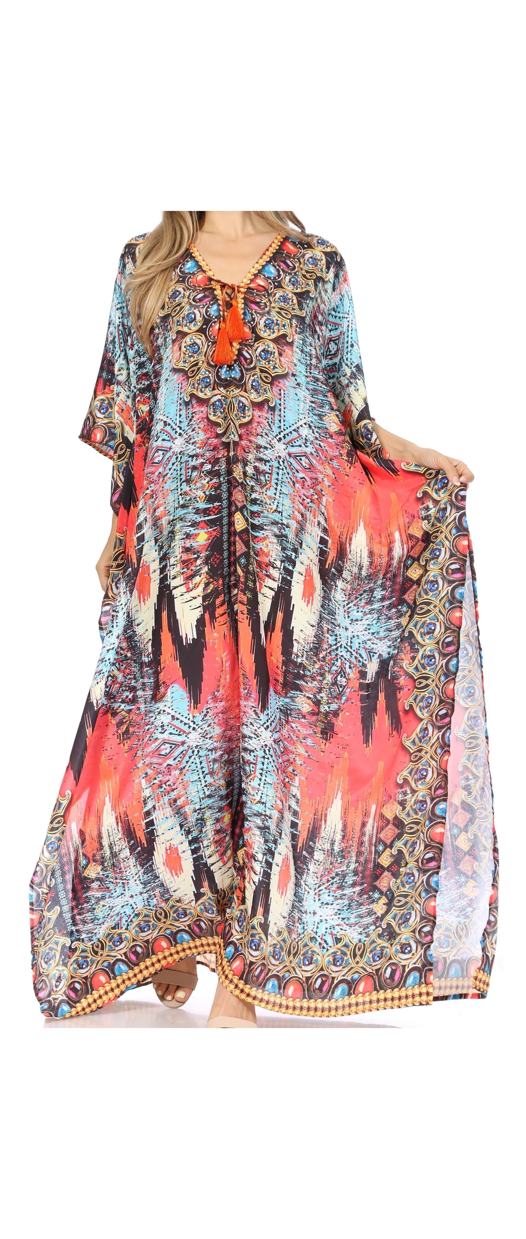 Sakkas Georgettina Flowy Rhinestone V Neck Long Caftan