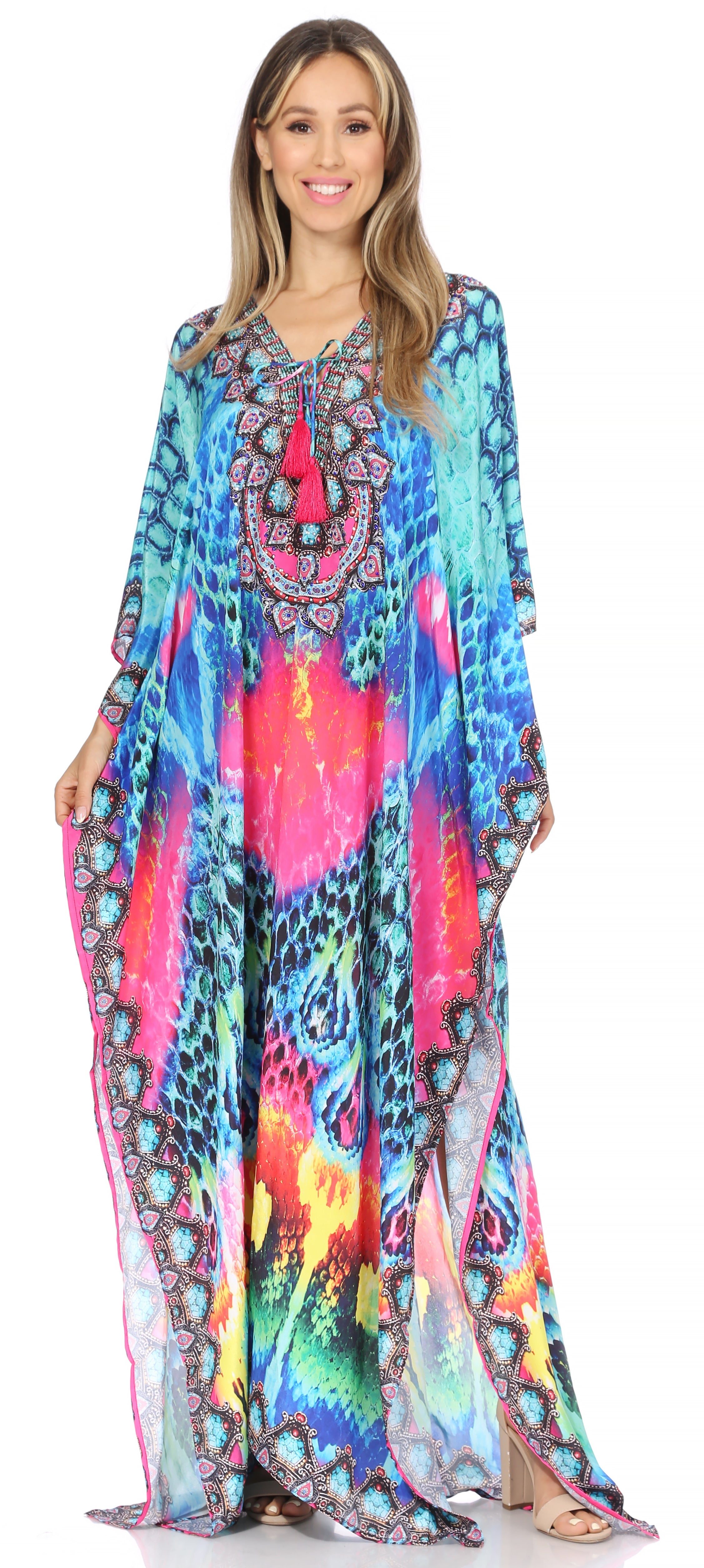 Sakkas Georgettina Flowy Rhinestone V Neck Long Caftan