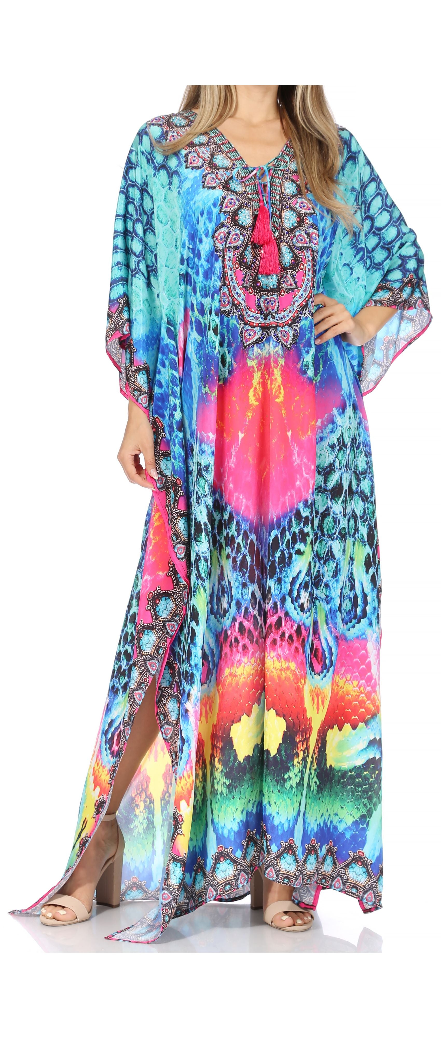 Sakkas Georgettina Flowy Rhinestone V Neck Long Caftan