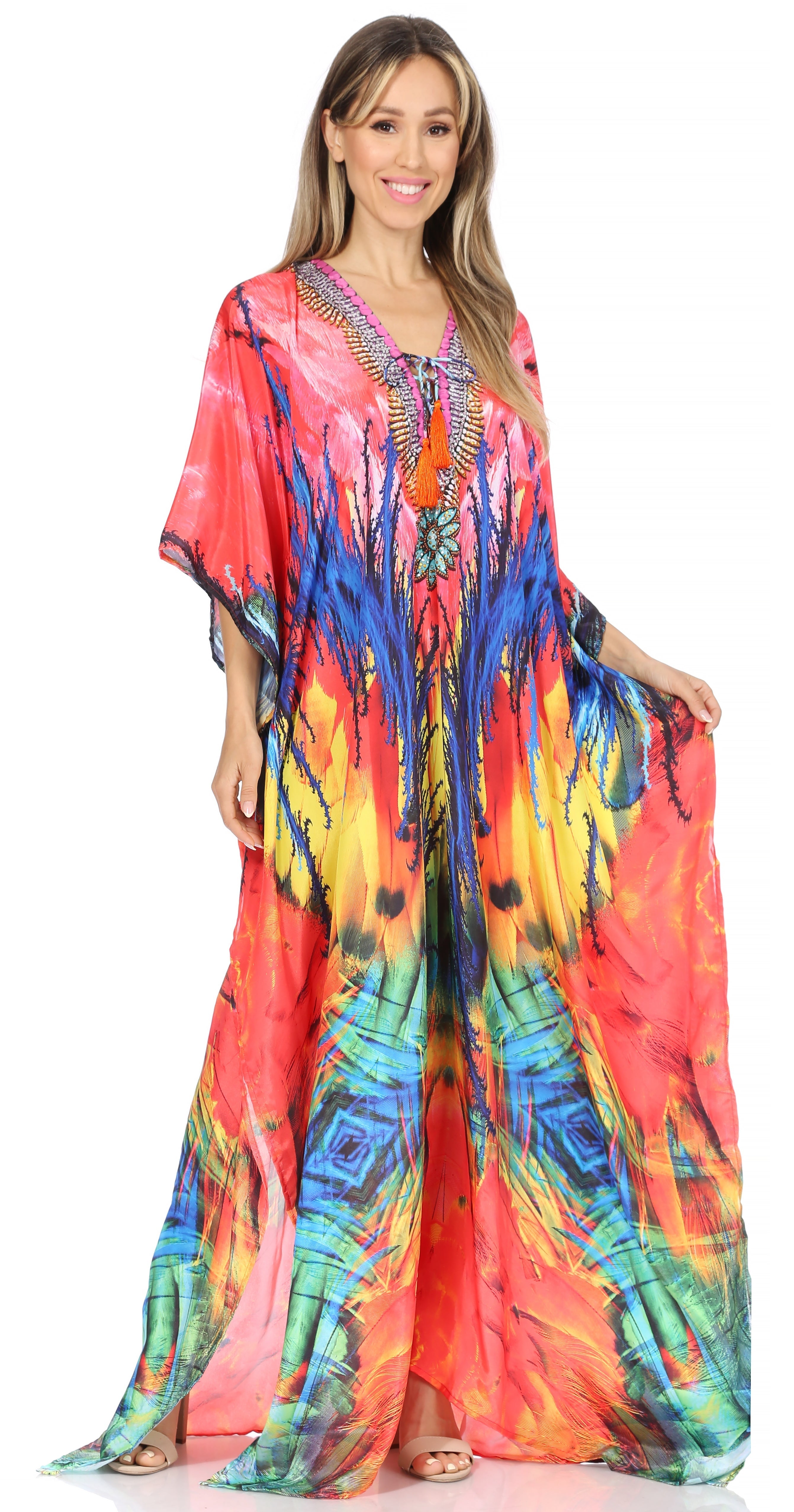 Sakkas Georgettina Flowy Rhinestone V Neck Long Caftan