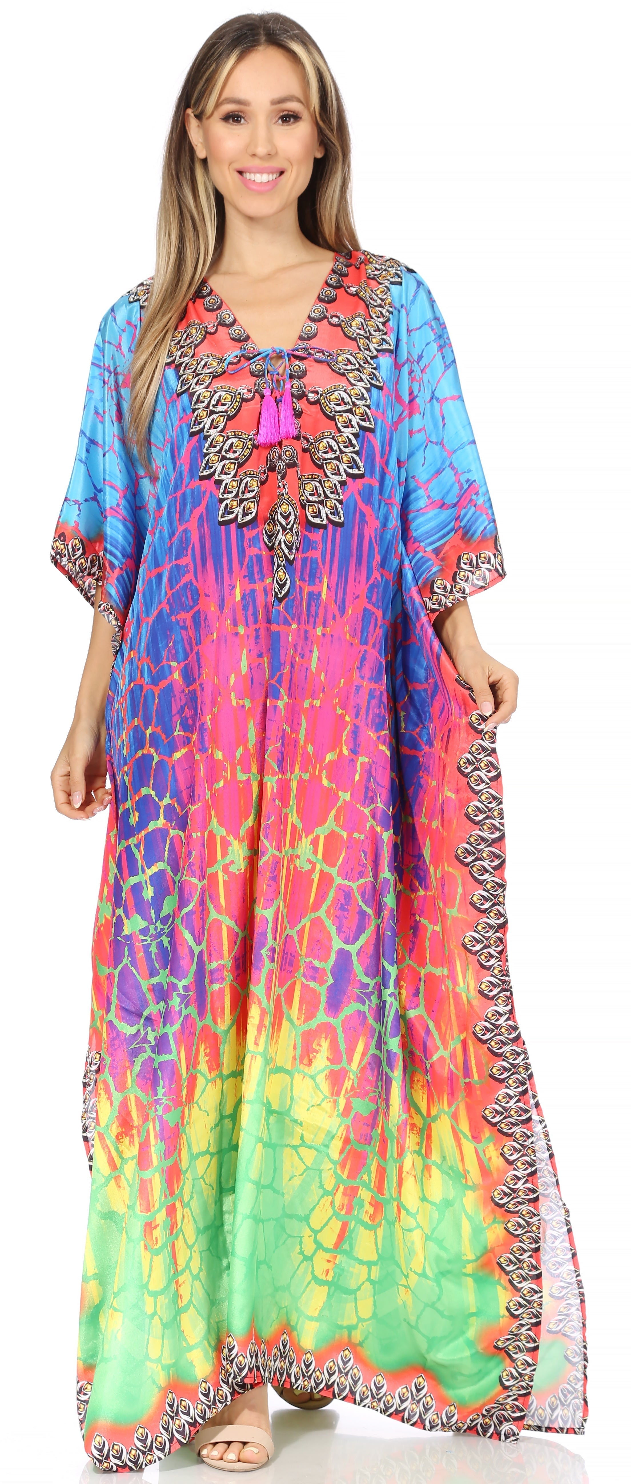 Sakkas Georgettina Flowy Rhinestone V Neck Long Caftan