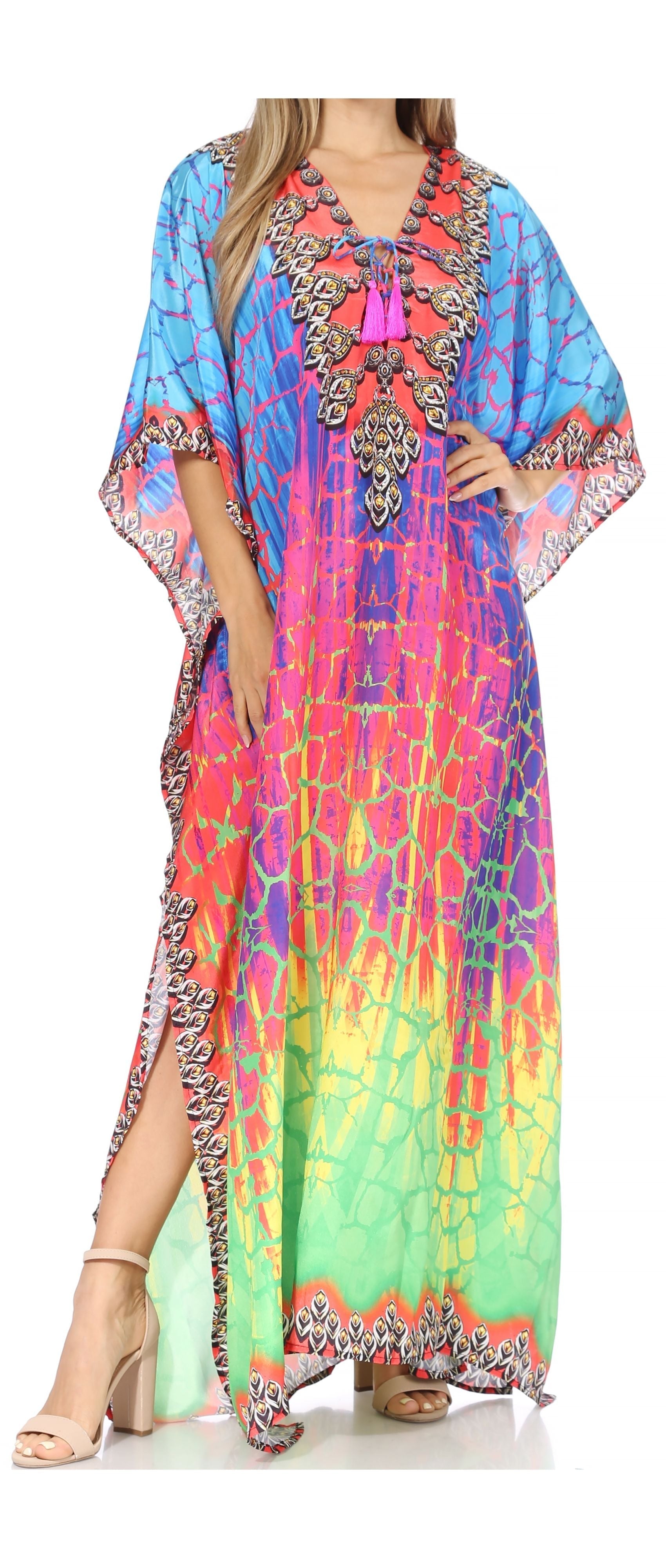Sakkas Georgettina Flowy Rhinestone V Neck Long Caftan
