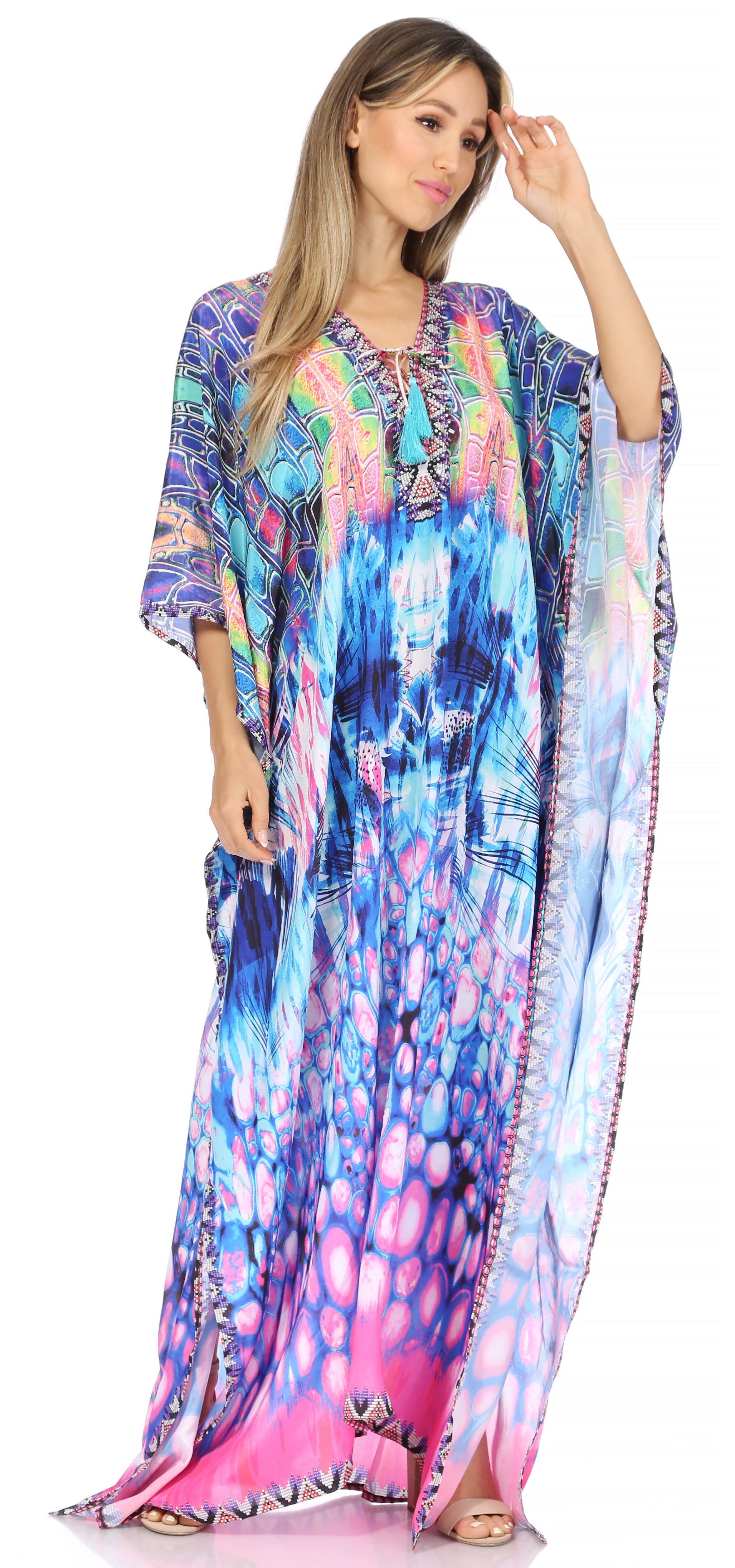 Sakkas Georgettina Flowy Rhinestone V Neck Long Caftan