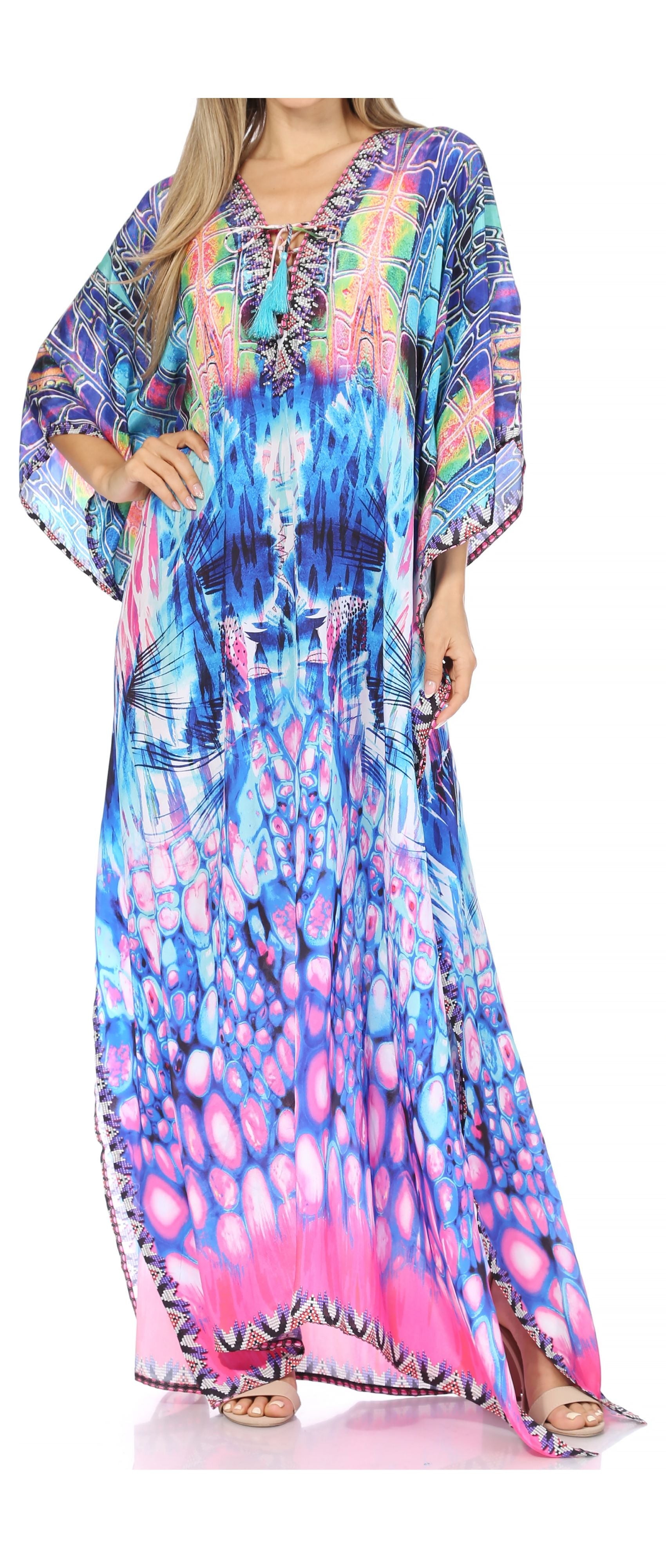 Sakkas Georgettina Flowy Rhinestone V Neck Long Caftan