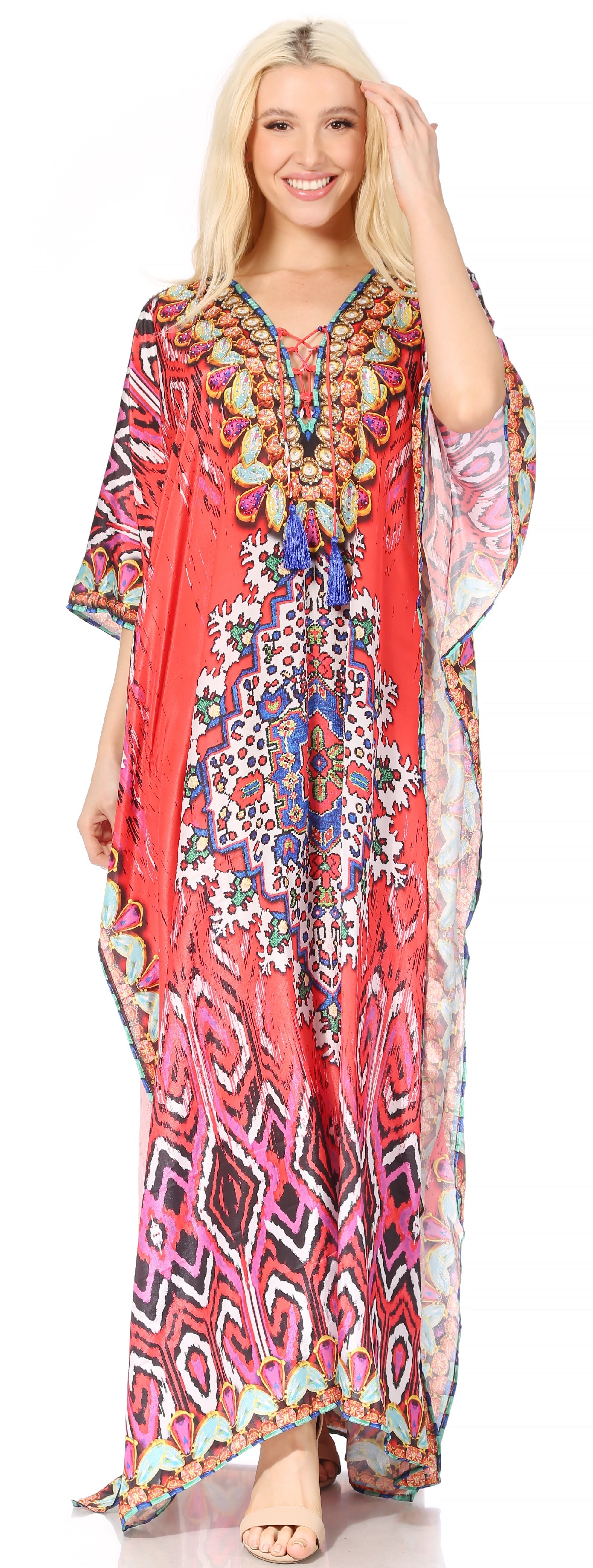Sakkas Georgettina Flowy Rhinestone V Neck Long Caftan