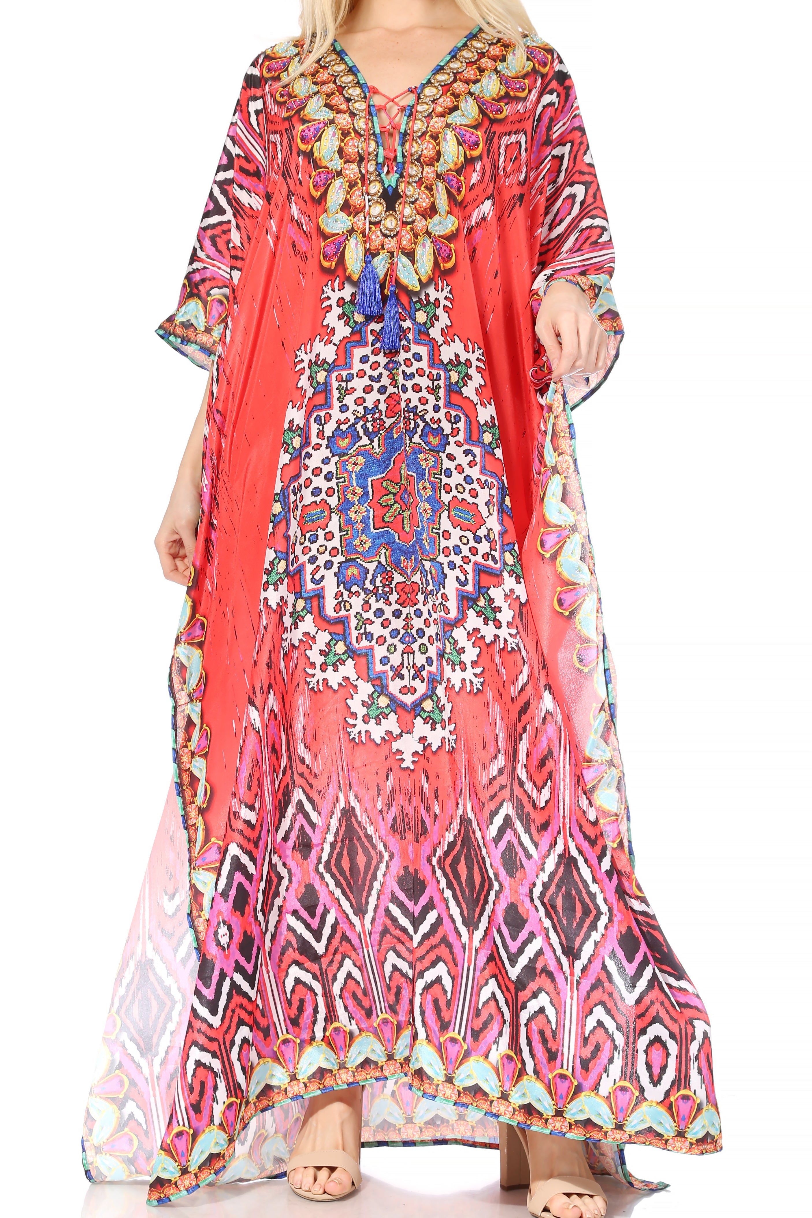 Sakkas Georgettina Flowy Rhinestone V Neck Long Caftan