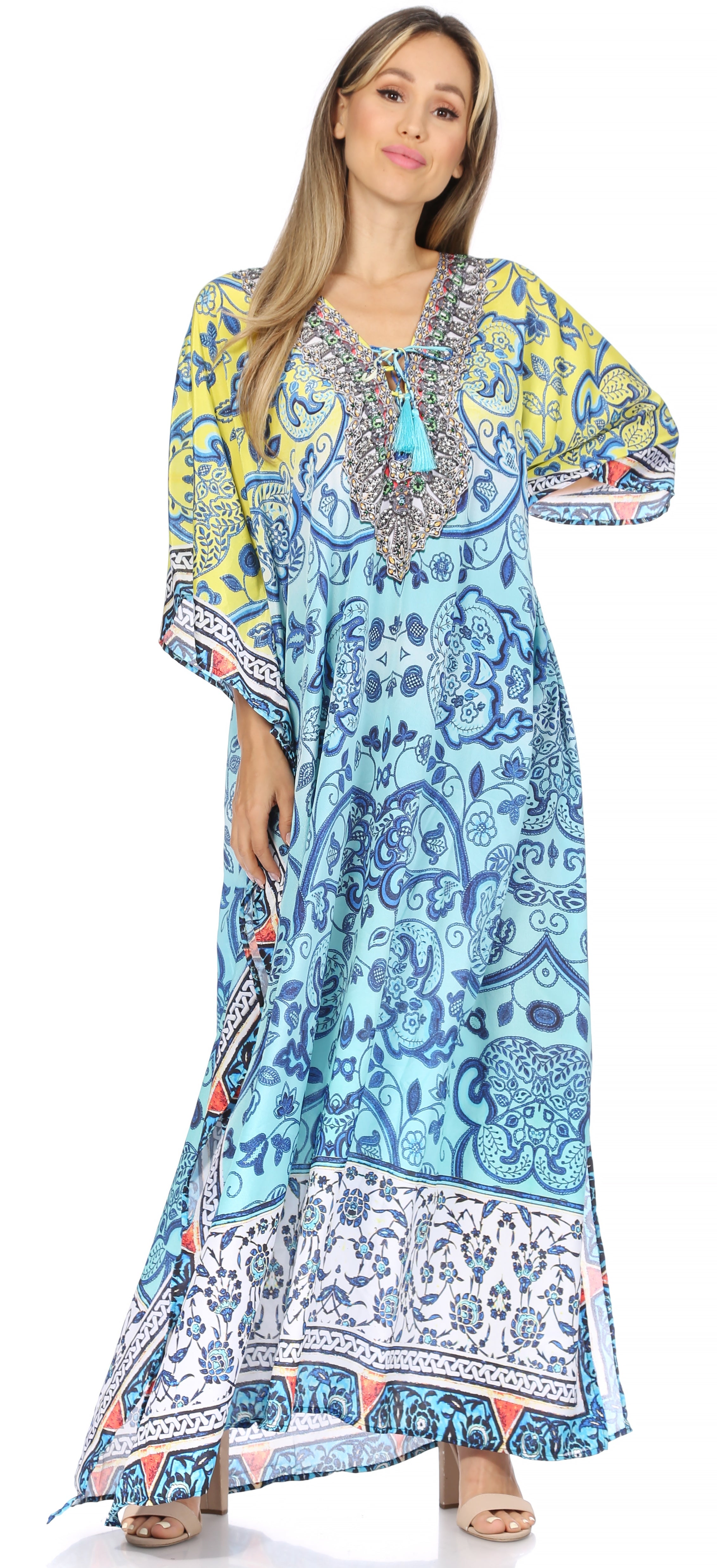 Sakkas Georgettina Flowy Rhinestone V Neck Long Caftan