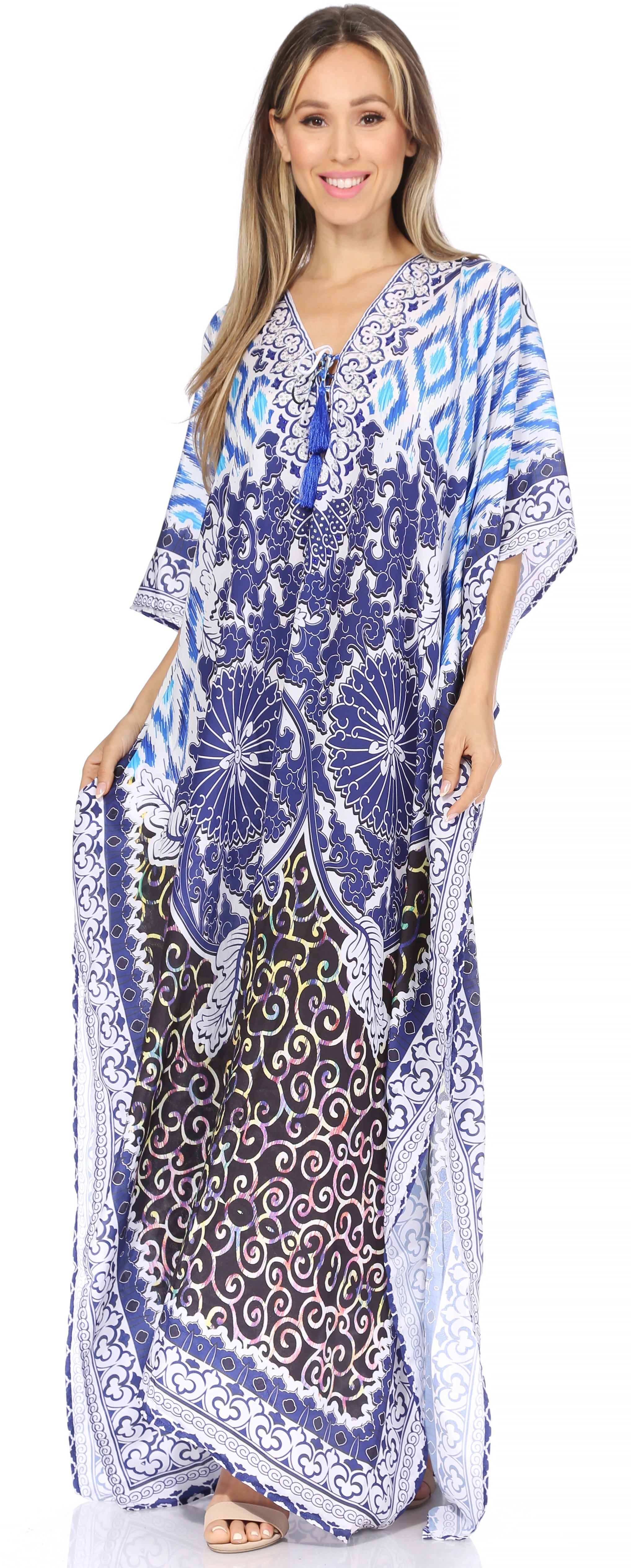 Sakkas Georgettina Flowy Rhinestone V Neck Long Caftan