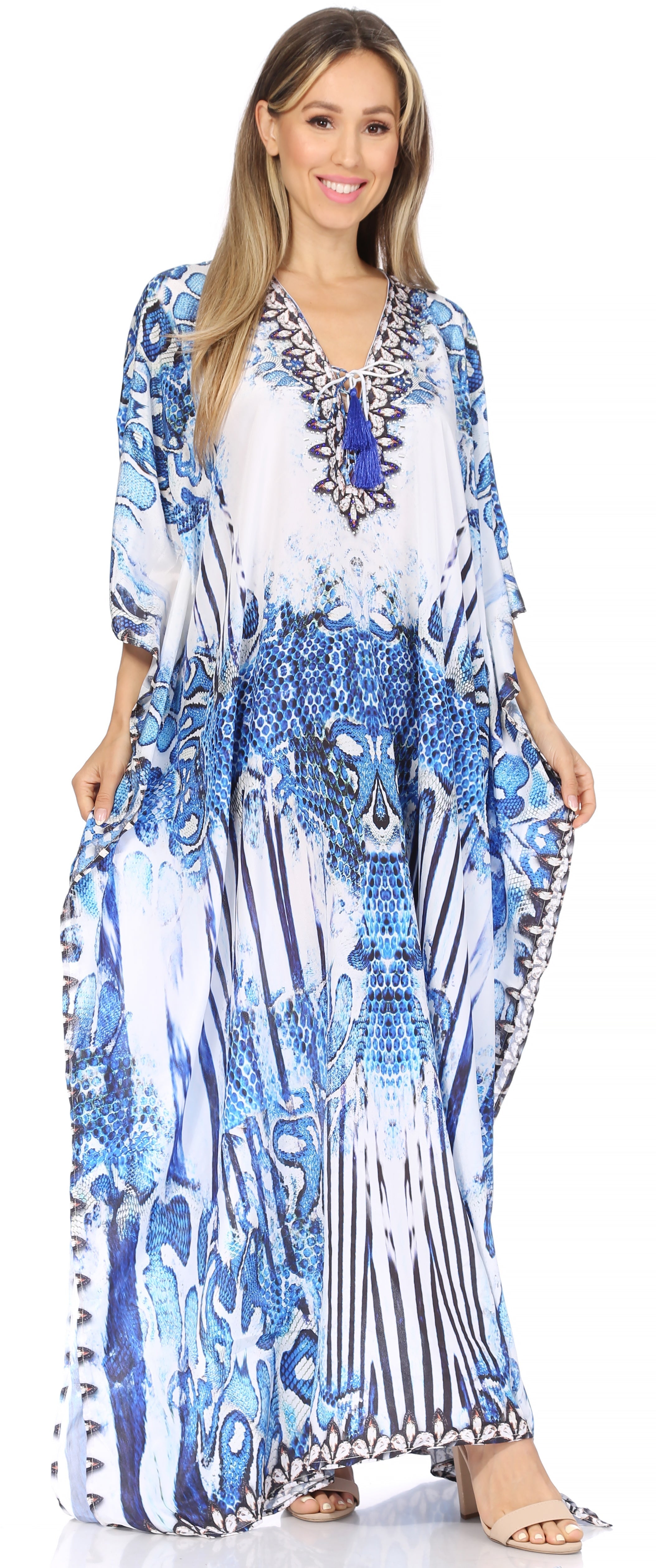 Sakkas Georgettina Flowy Rhinestone V Neck Long Caftan