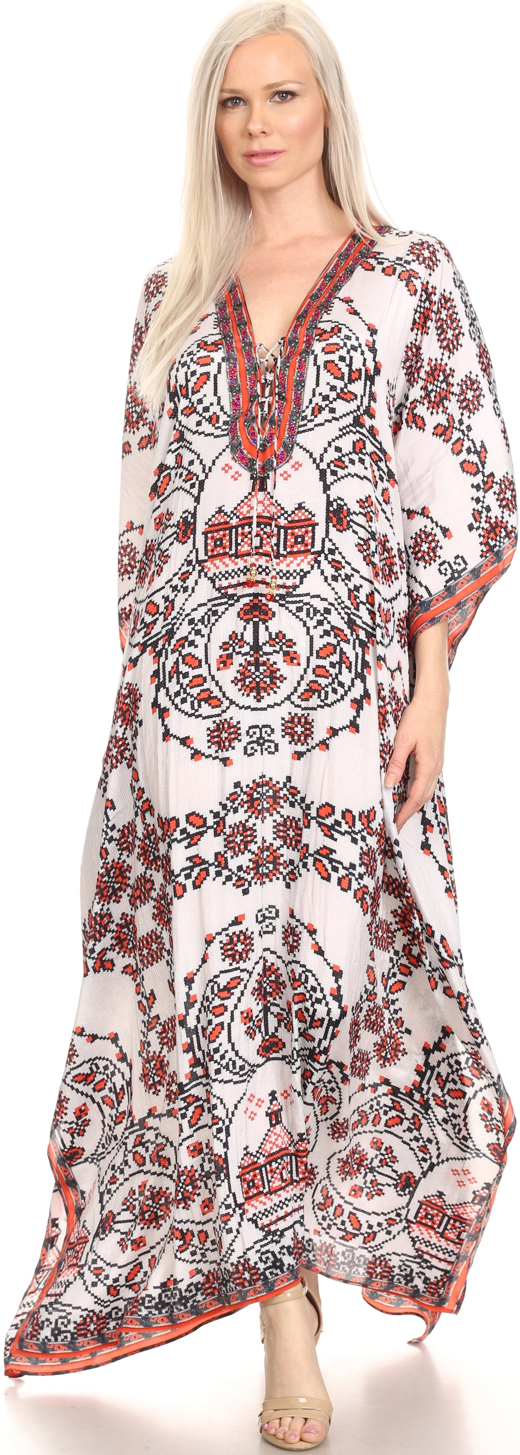 Sakkas Georgettina Flowy Rhinestone V Neck Long Caftan