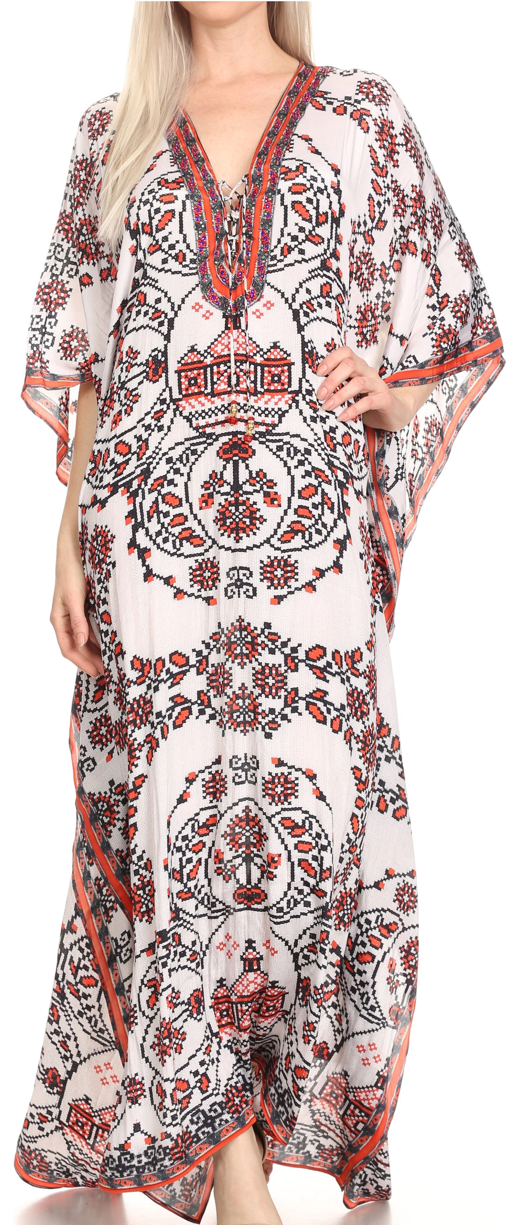 Sakkas Georgettina Flowy Rhinestone V Neck Long Caftan