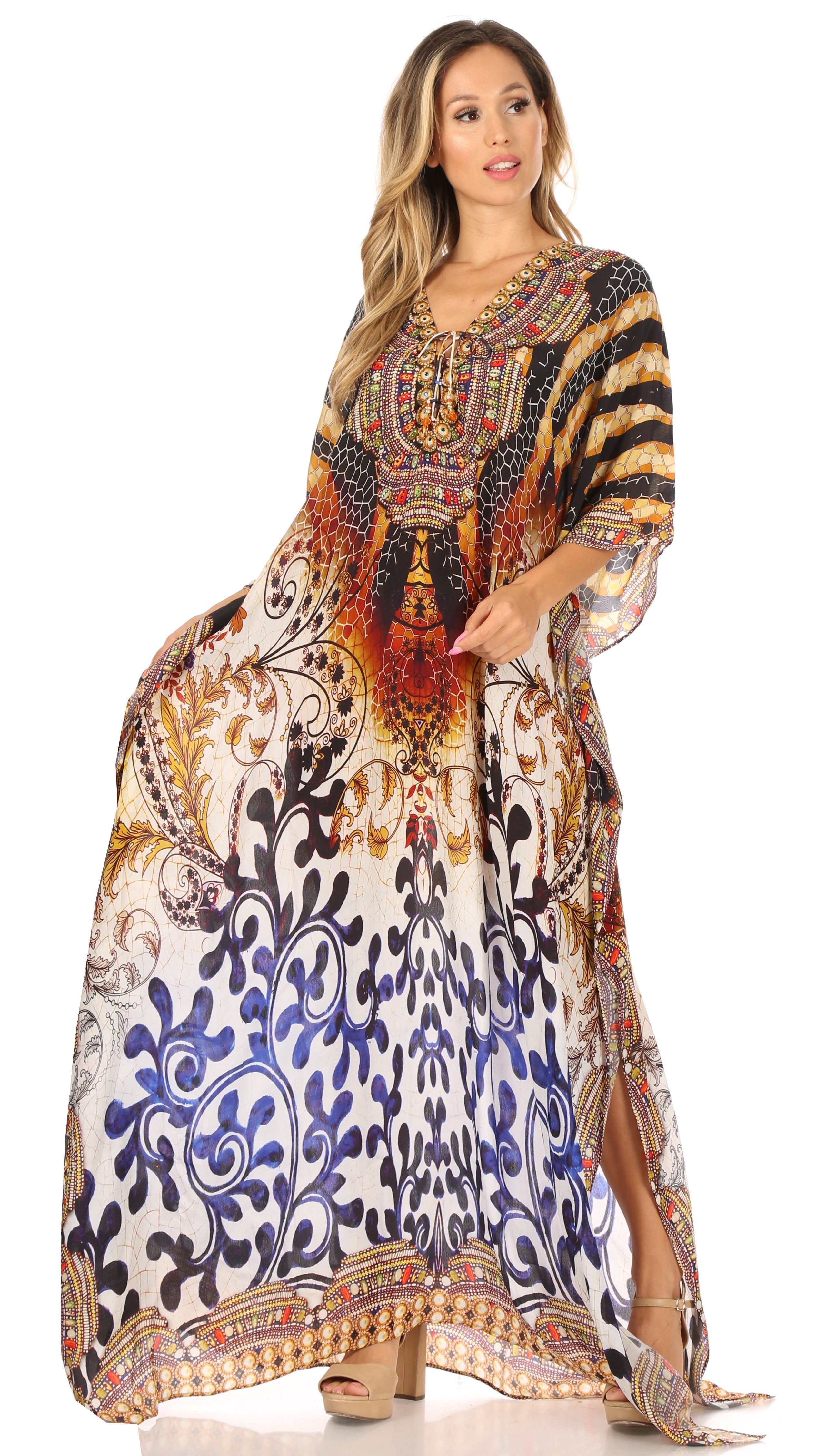 Sakkas Georgettina Flowy Rhinestone V Neck Long Caftan