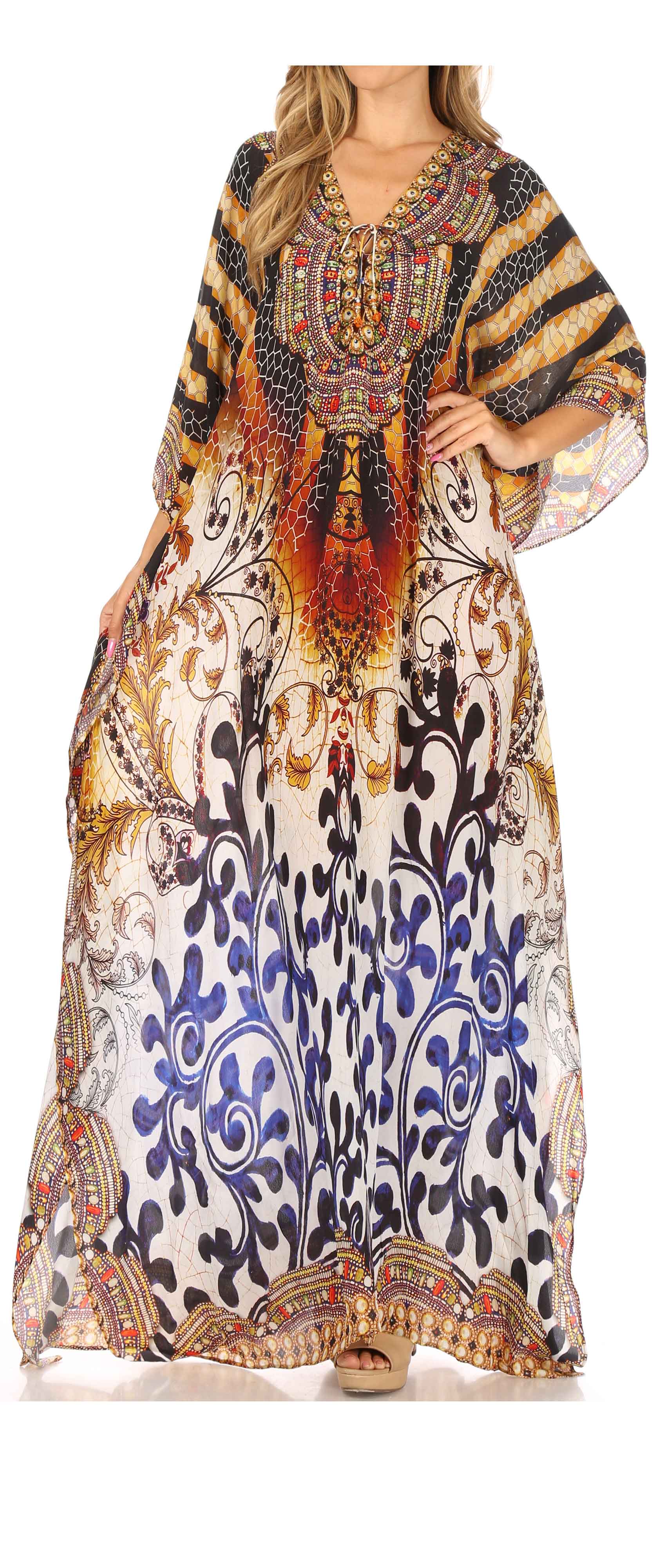 Sakkas Georgettina Flowy Rhinestone V Neck Long Caftan