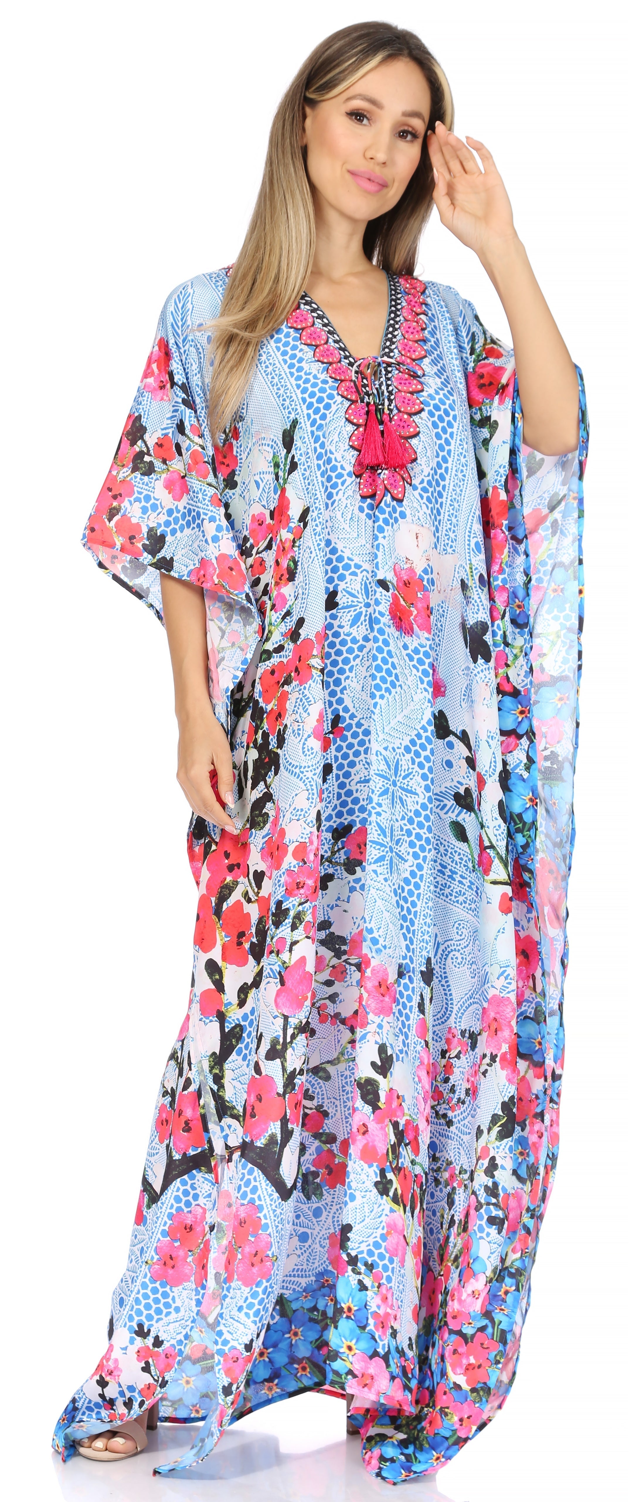 Sakkas Georgettina Flowy Rhinestone V Neck Long Caftan