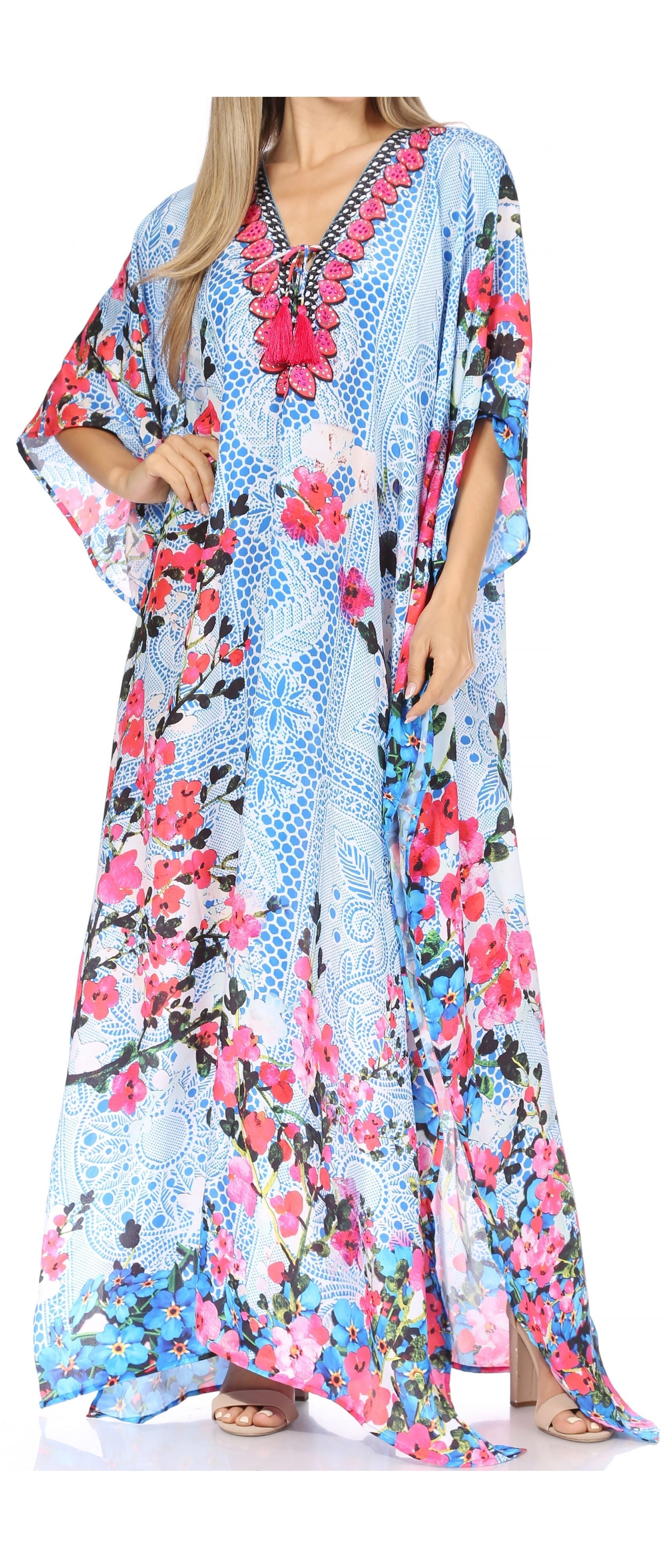 Sakkas Georgettina Flowy Rhinestone V Neck Long Caftan