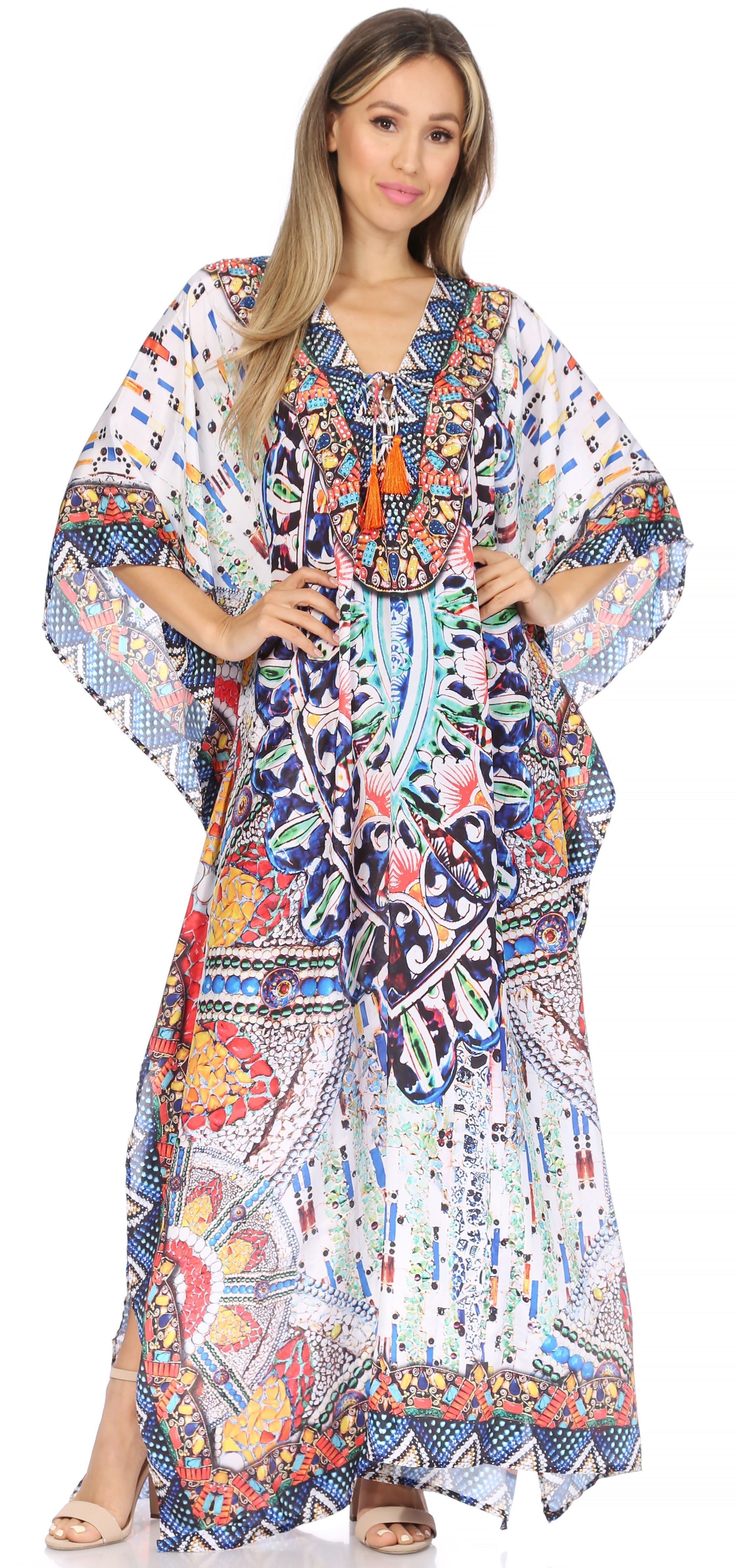 Sakkas Georgettina Flowy Rhinestone V Neck Long Caftan
