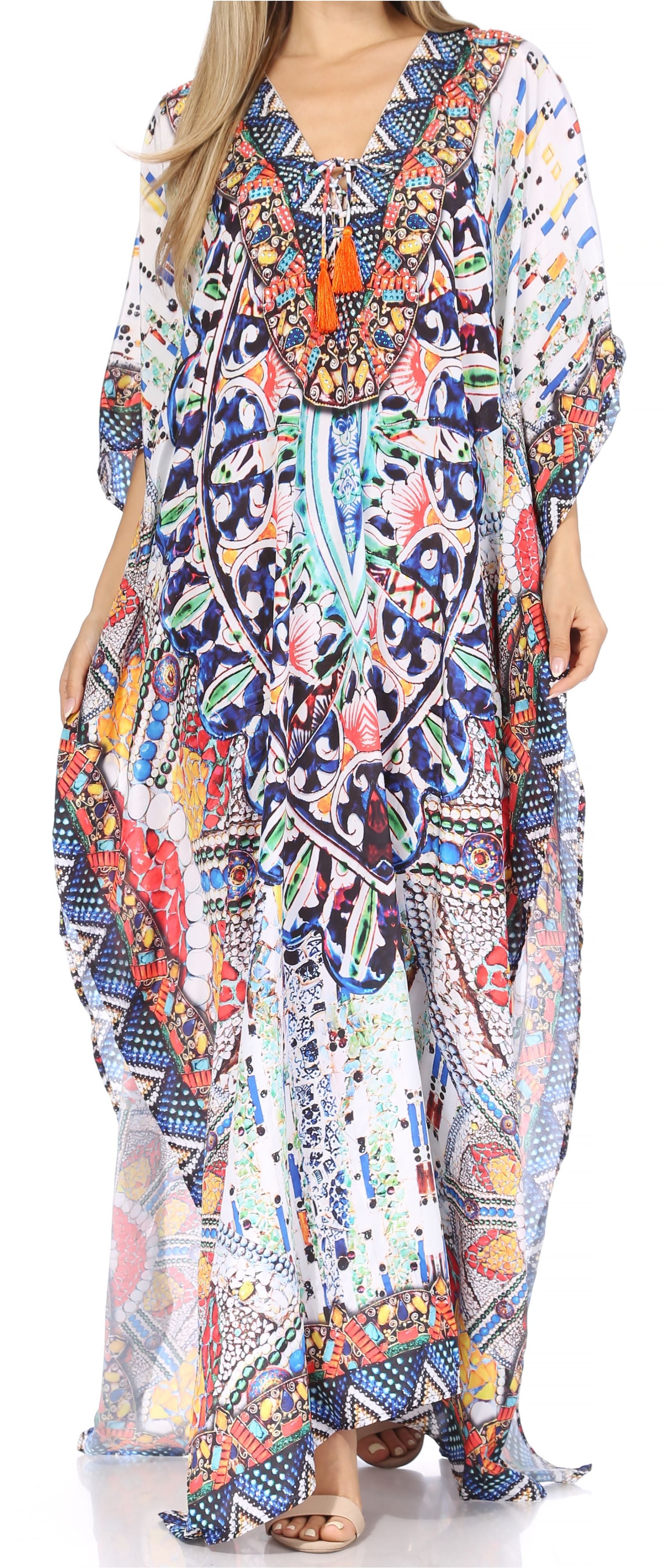 Sakkas Georgettina Flowy Rhinestone V Neck Long Caftan