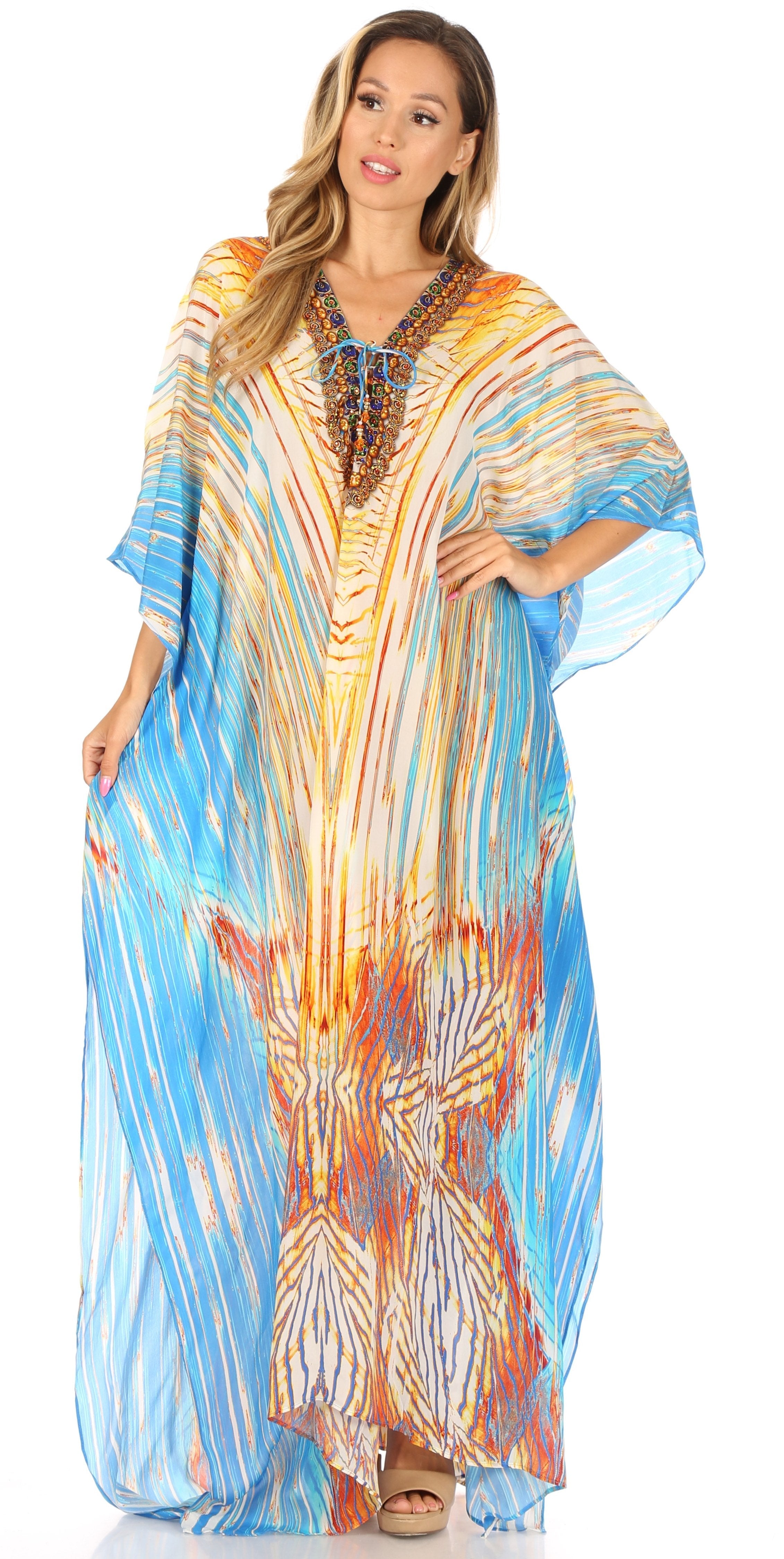 Sakkas Georgettina Flowy Rhinestone V Neck Long Caftan