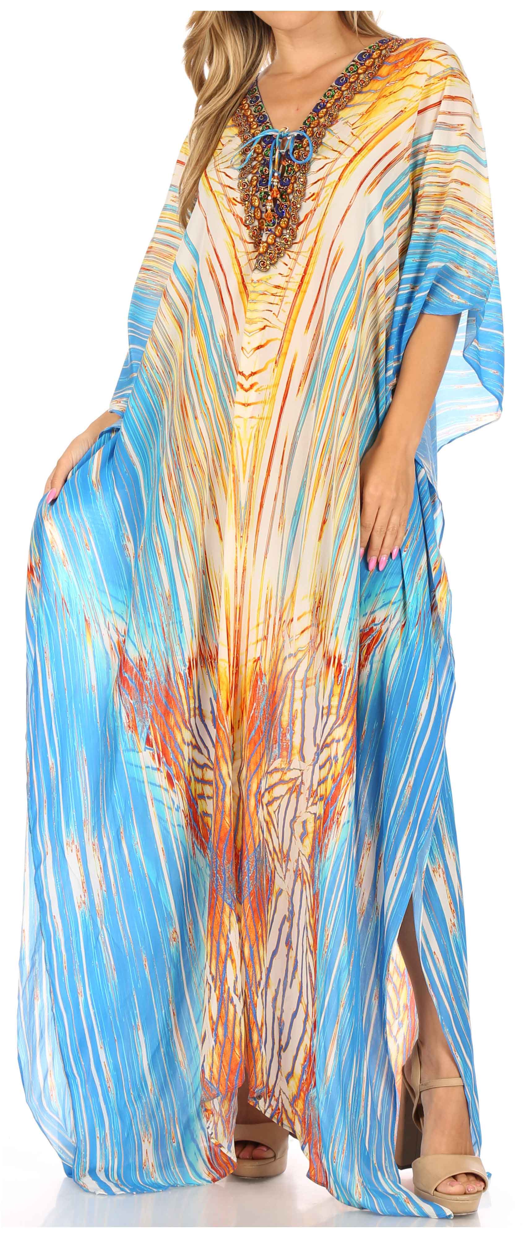 Sakkas Georgettina Flowy Rhinestone V Neck Long Caftan