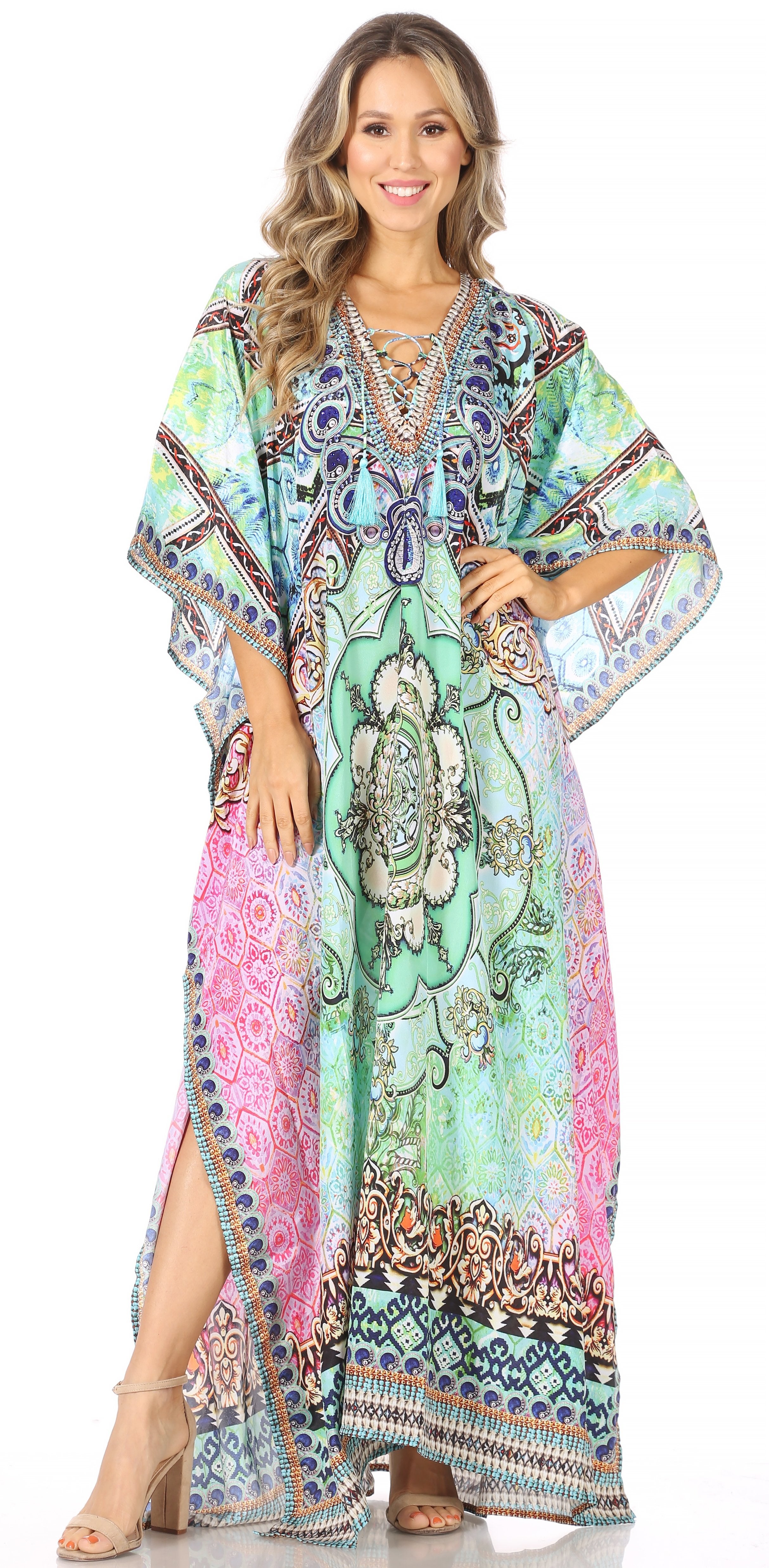 Sakkas Georgettina Flowy Rhinestone V Neck Long Caftan