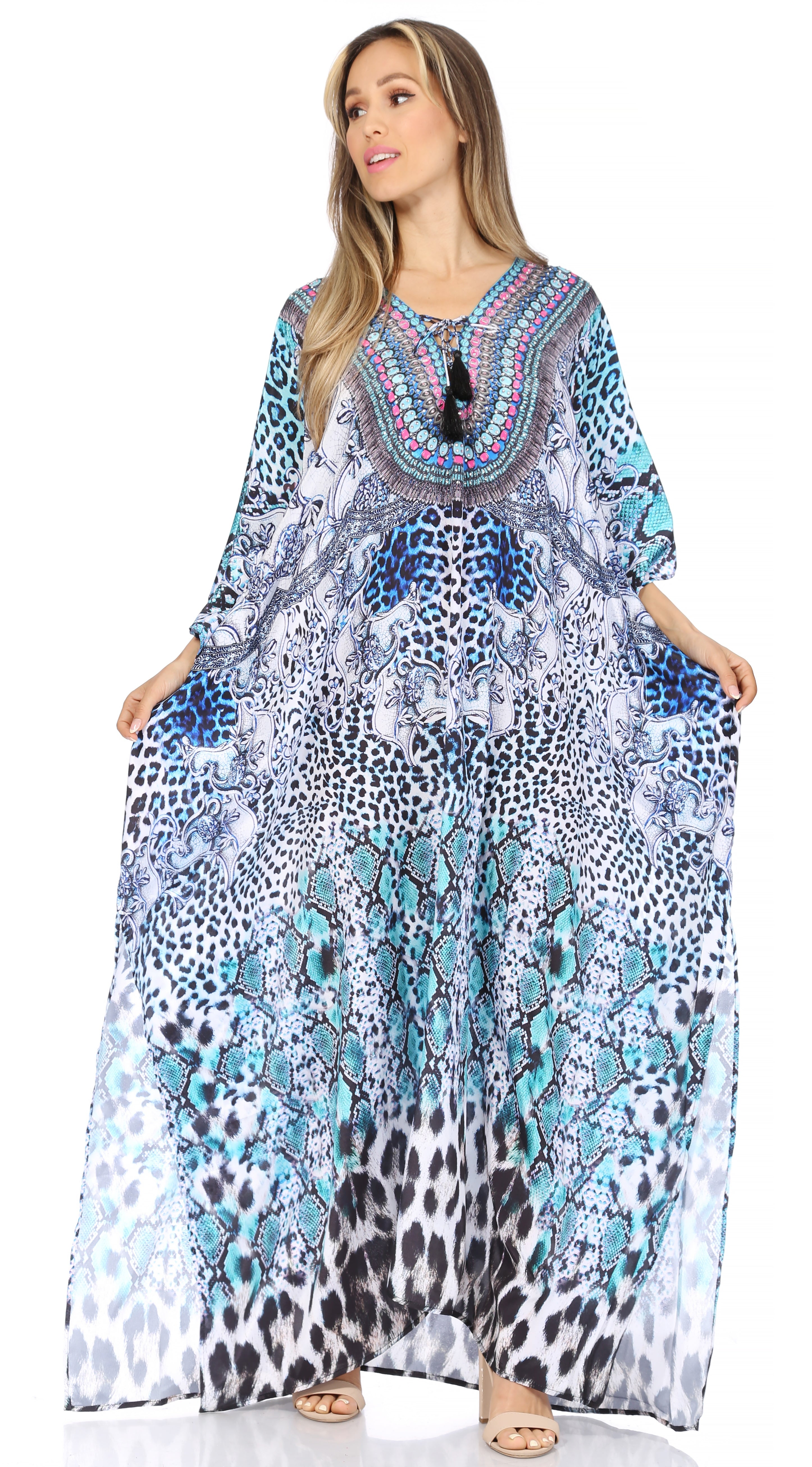 Sakkas Georgettina Flowy Rhinestone V Neck Long Caftan
