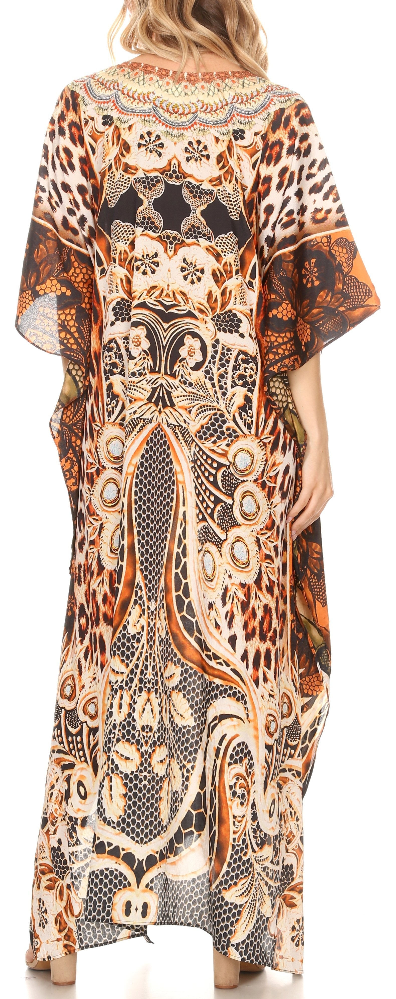 Sakkas Georgettina Flowy Rhinestone V Neck Long Caftan