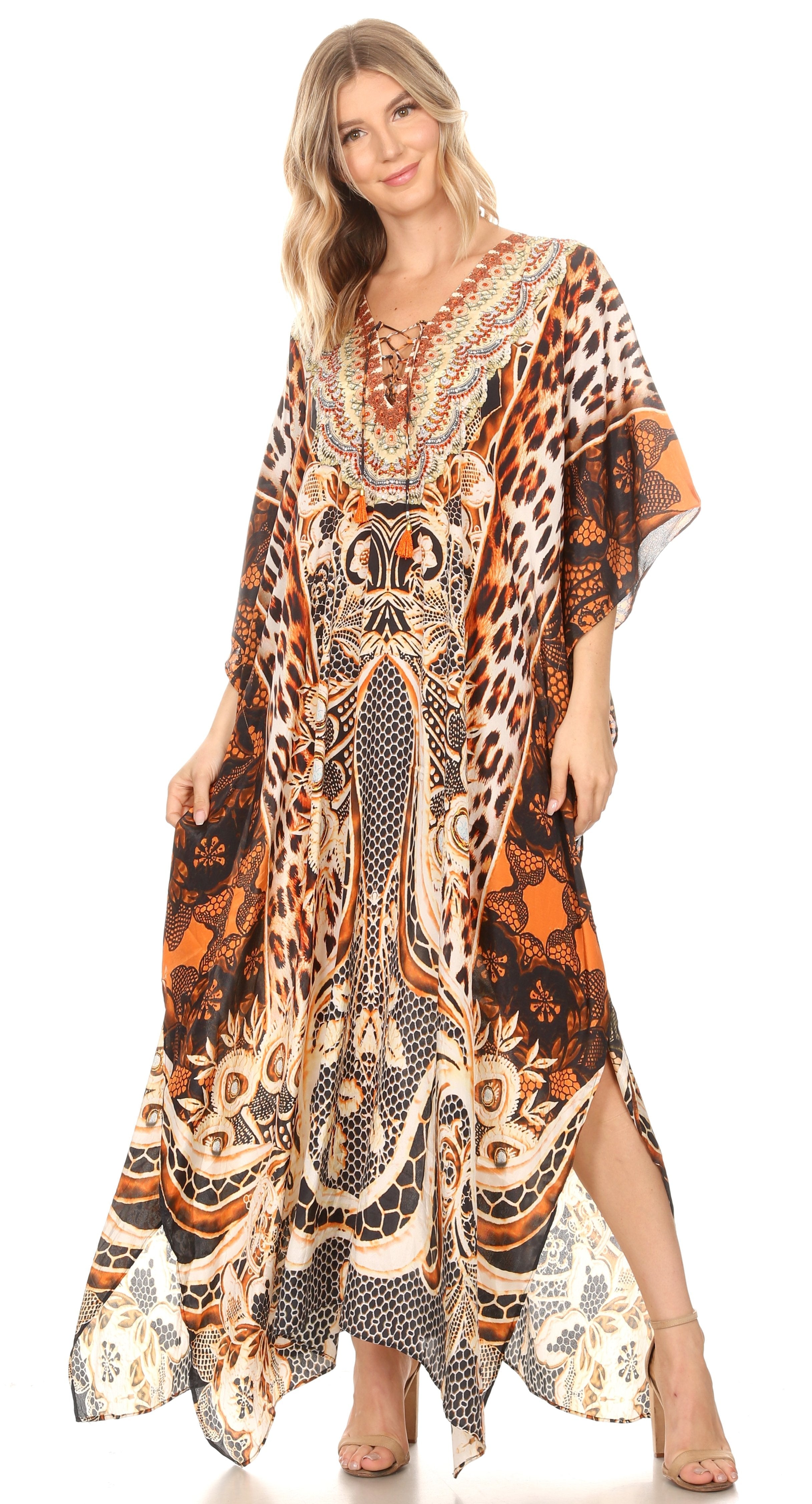 Sakkas Georgettina Flowy Rhinestone V Neck Long Caftan