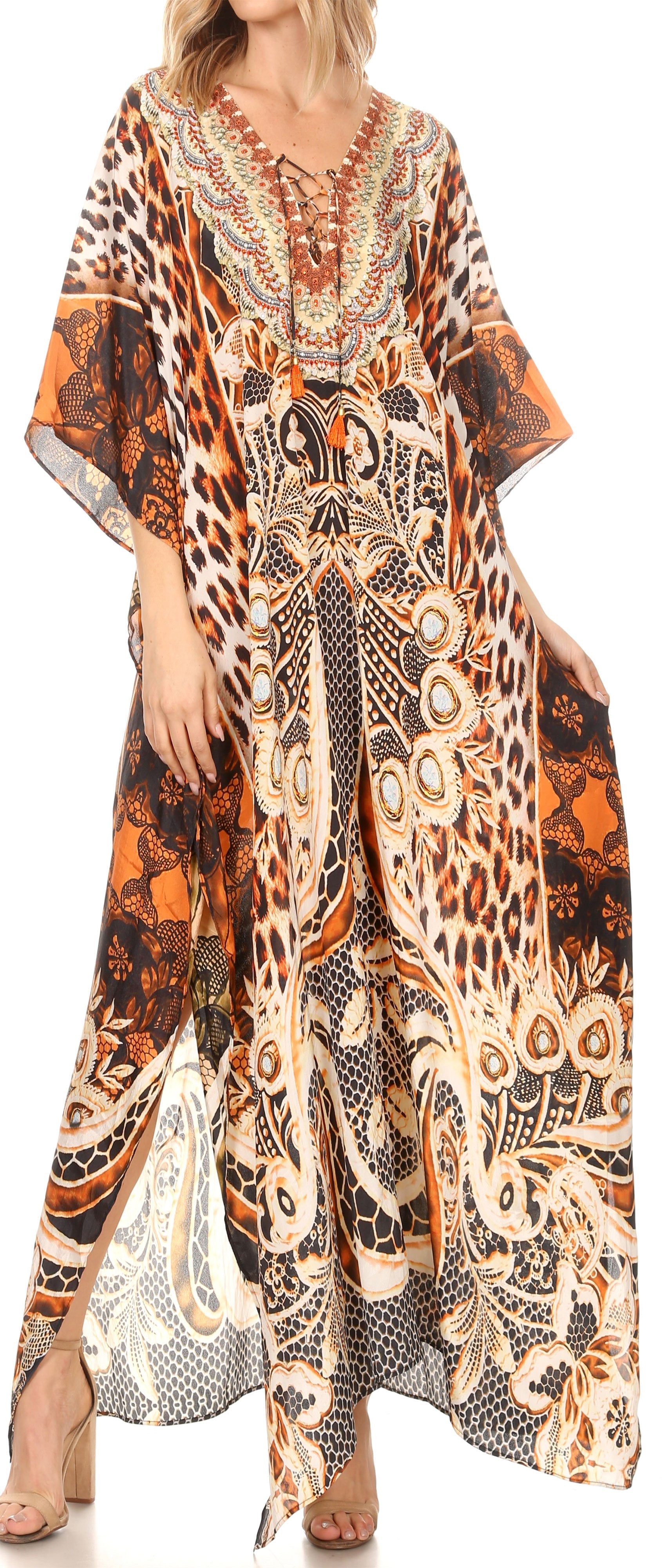Sakkas Georgettina Flowy Rhinestone V Neck Long Caftan